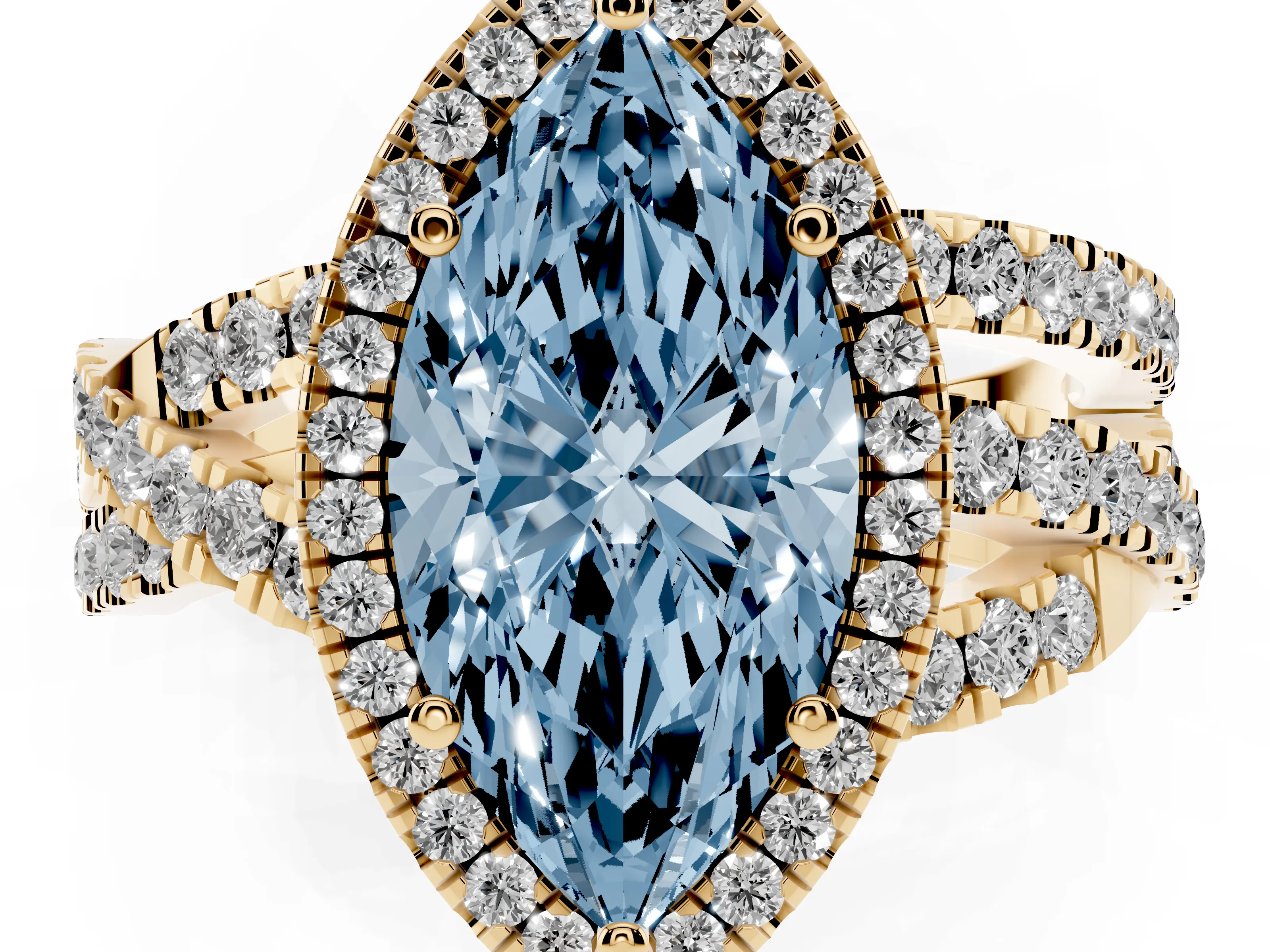 Fancy Blue Marquise Cut Diamond Halo Ring Set in Yellow gold with Round Crossover Split Shank and Prong Setting