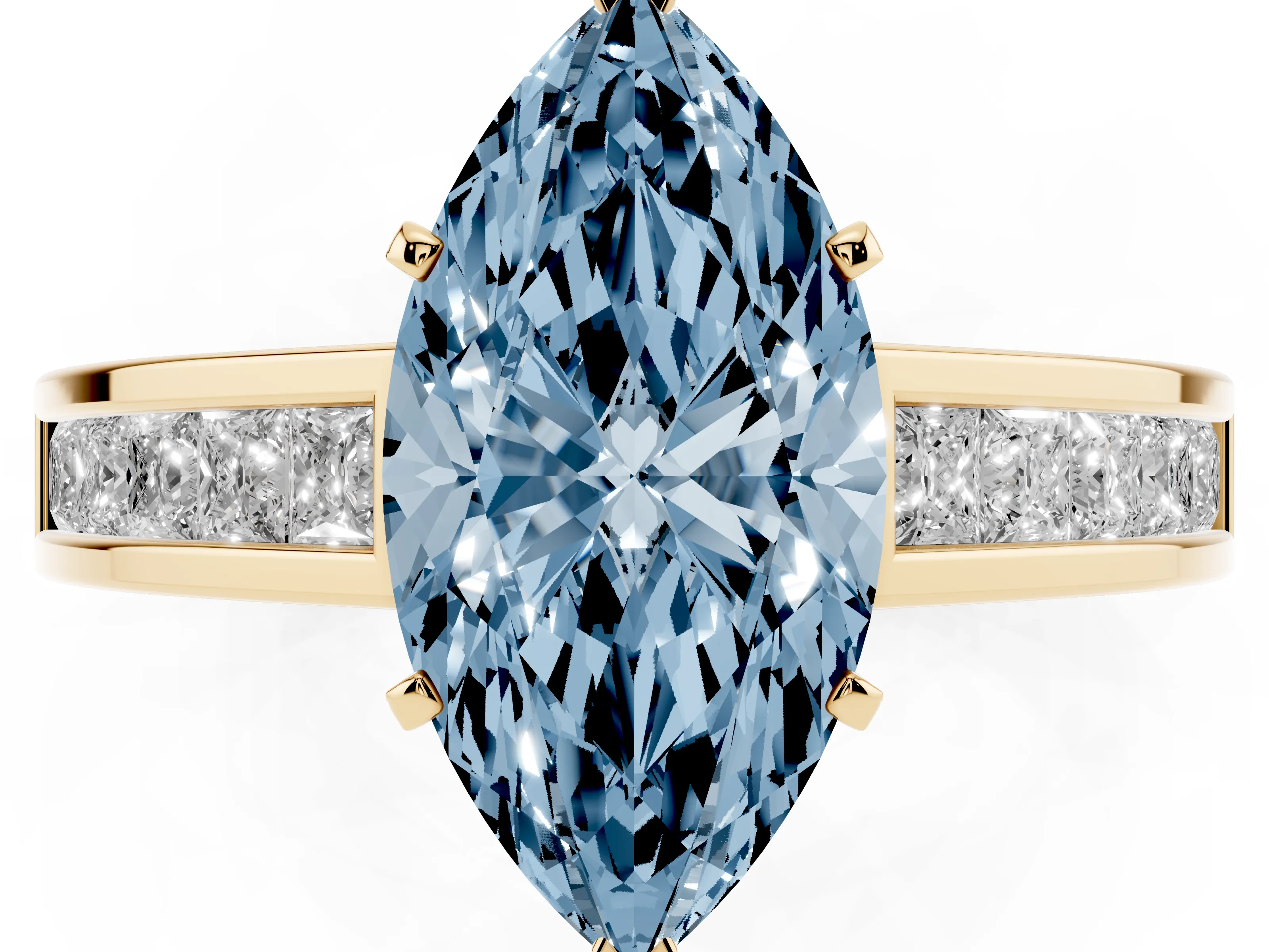Fancy Blue Marquise Cut Diamond Solitaire Ring Set in Yellow gold with Channel-Set Band and Prong Setting