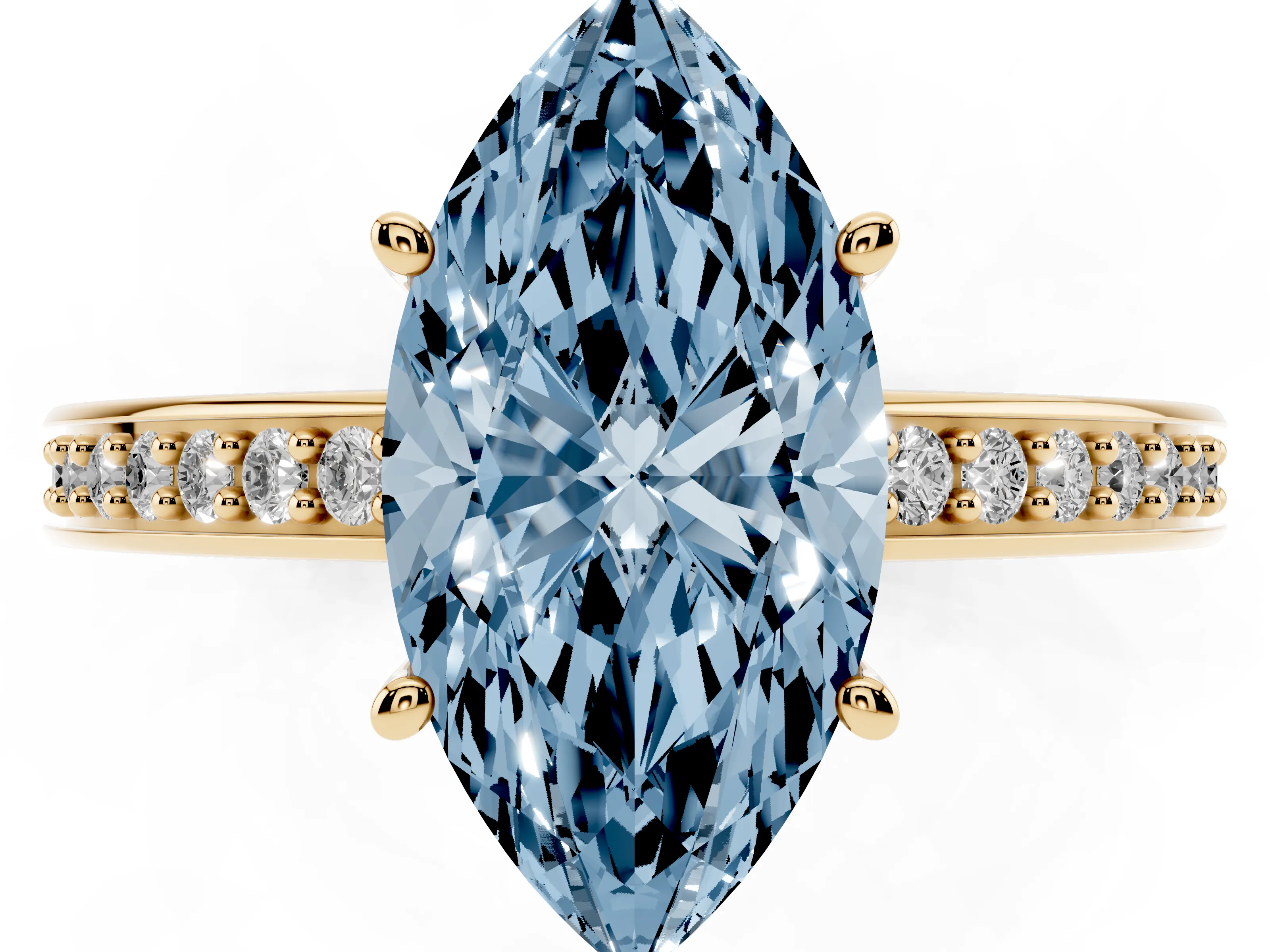 Fancy Blue Marquise Cut Diamond Pavé Band Prong Set Solitaire Ring Set in Yellow gold