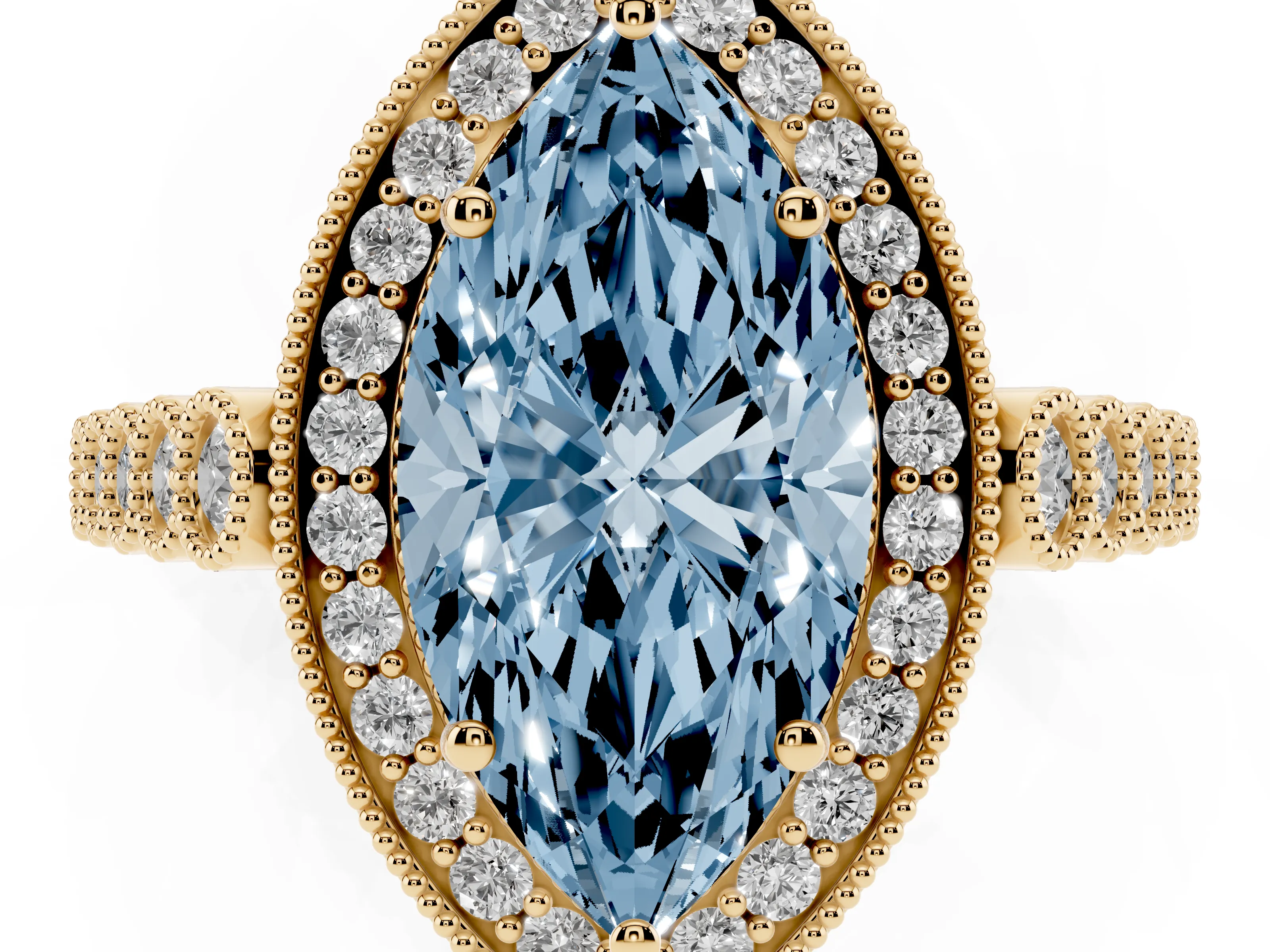 Fancy Blue Marquise Cut Diamond Milgrain Halo Solitaire Ring Set in Yellow gold with Bezel Set Side Stones and Pavé Band