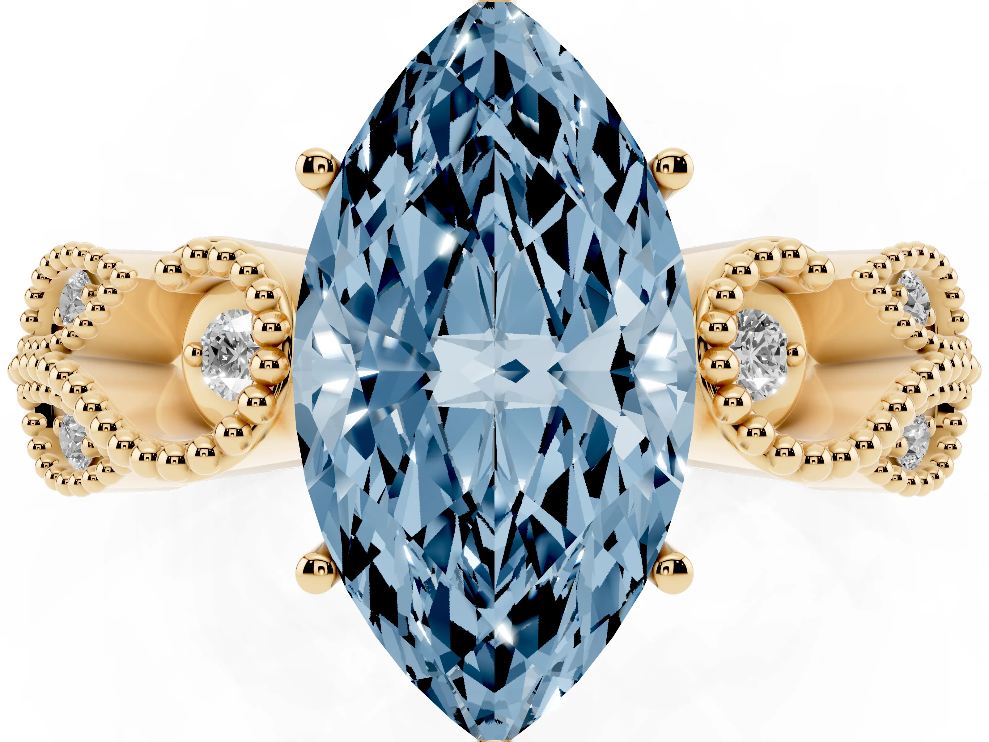 Fancy Blue Marquise Cut Diamond Milgrain Leaf Band Solitaire Ring Set in Yellow gold with Accent Stones and Prong Setting