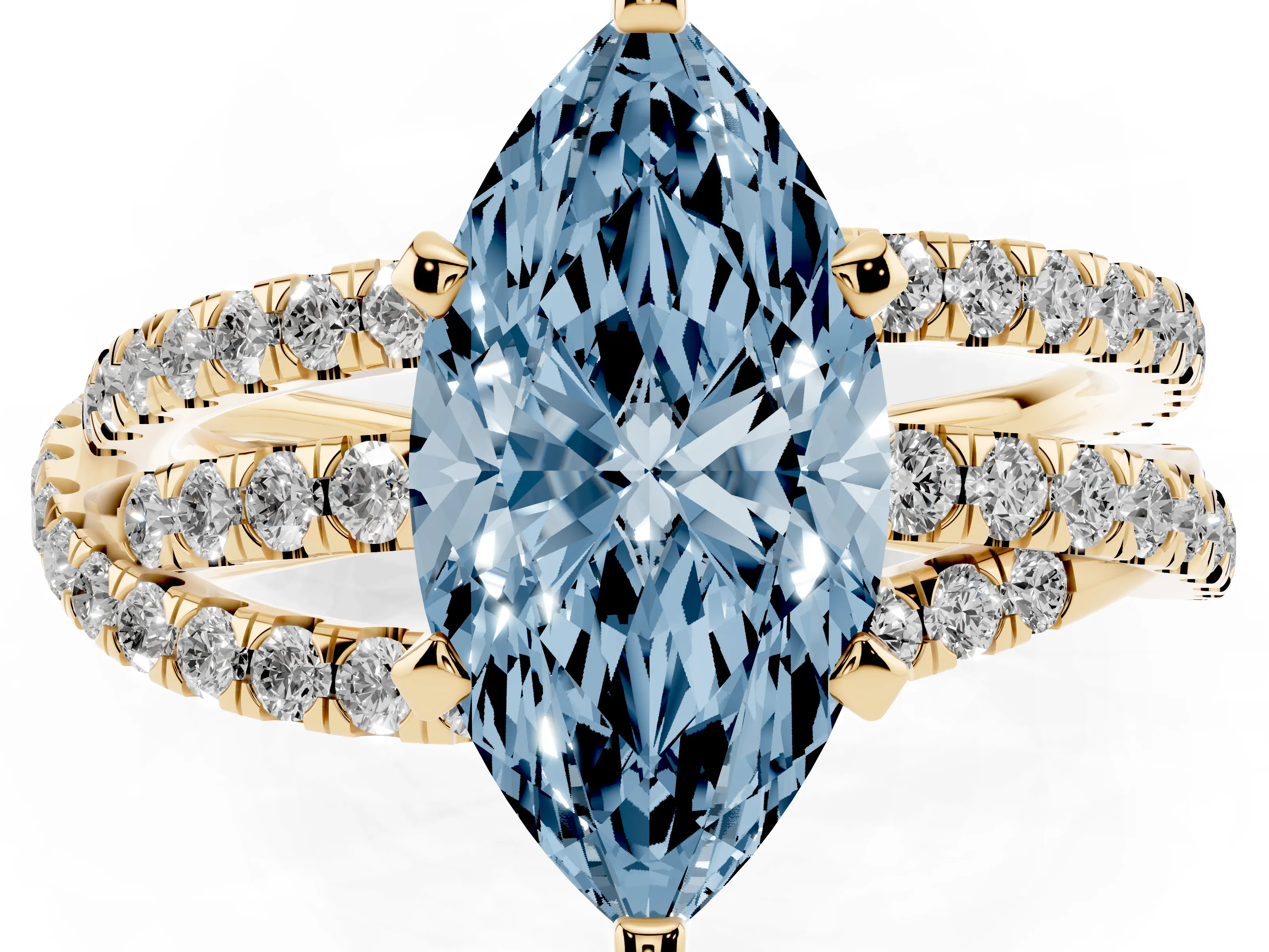 Fancy Blue Marquise Cut Diamond Solitaire Twist Band Ring Set in Yellow gold with Pavé Setting and Prong Head