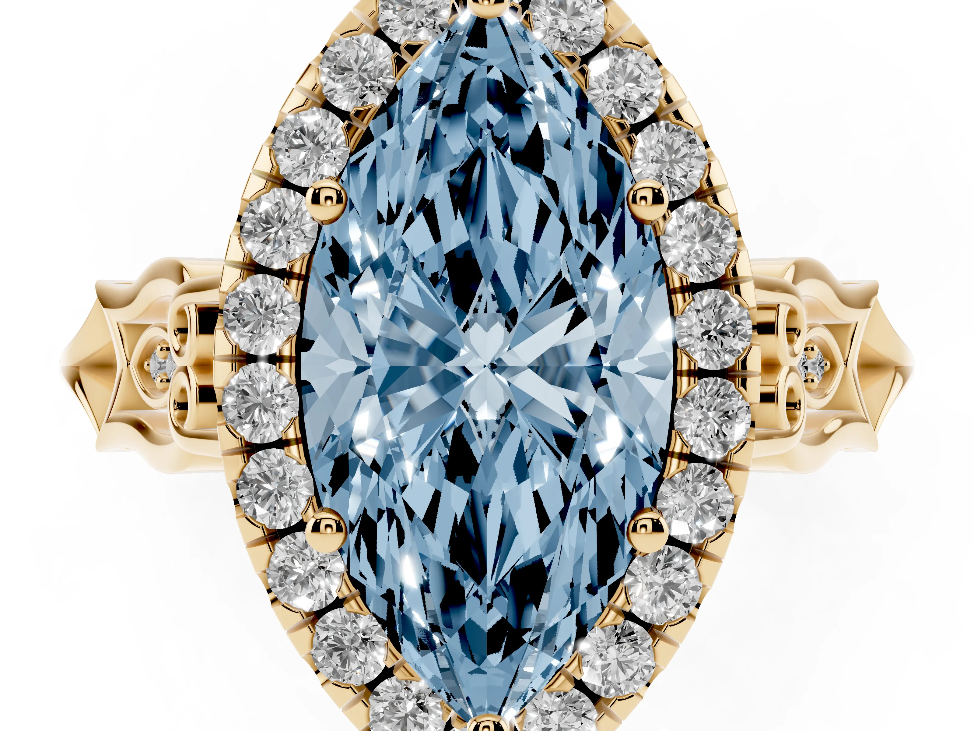 Fancy Blue Marquise Cut Diamond Halo Engagement Ring Set in Yellow gold with Filigree Band and Prong-Set Center