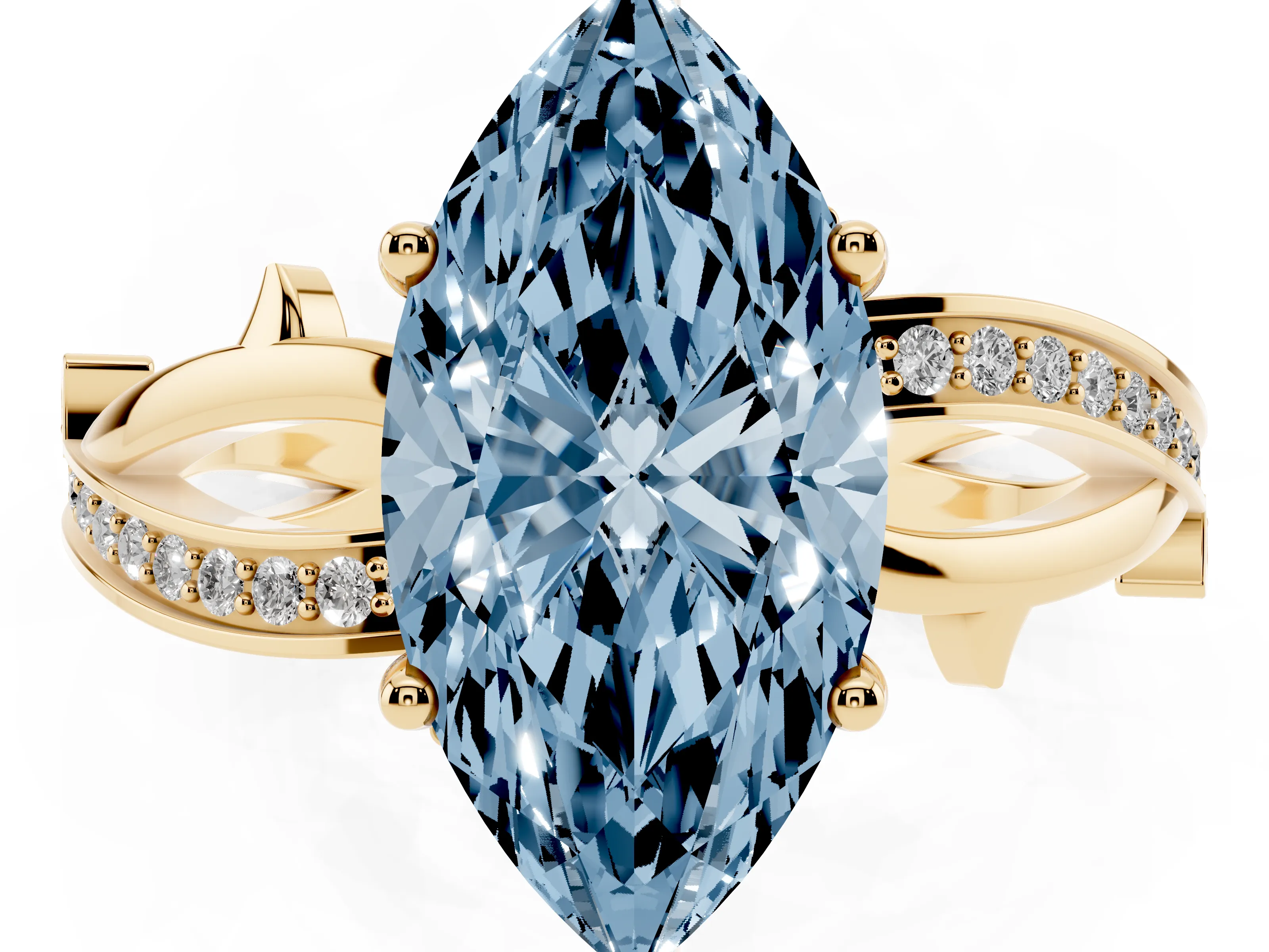 Fancy Blue Marquise Cut Diamond Pavé Twist Band Solitaire Ring Set in Yellow gold with Prong Setting