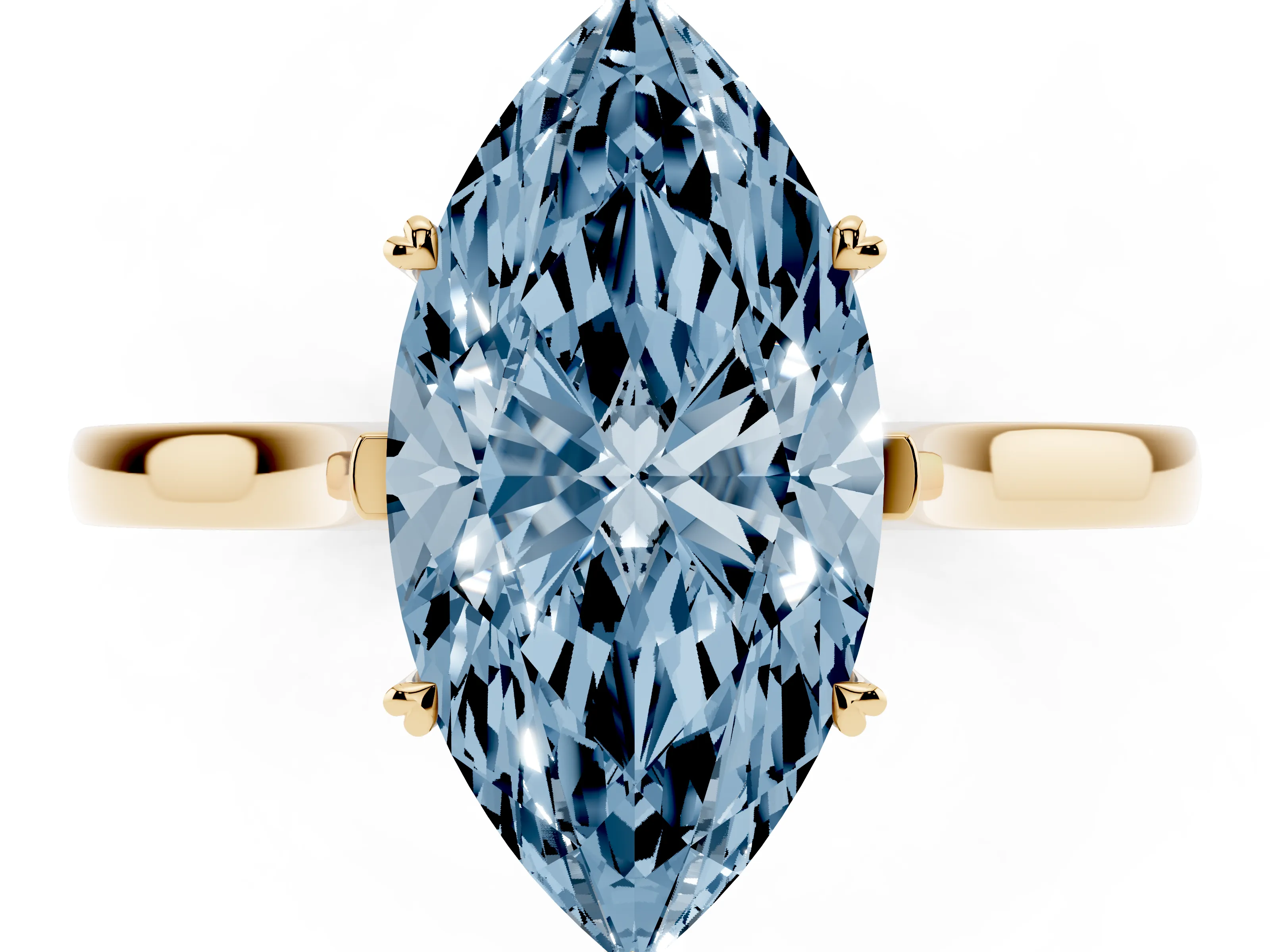Fancy Blue Marquise Cut Diamond Solitaire Heart Prong Engagement Ring Set in Yellow gold with Tapered Band