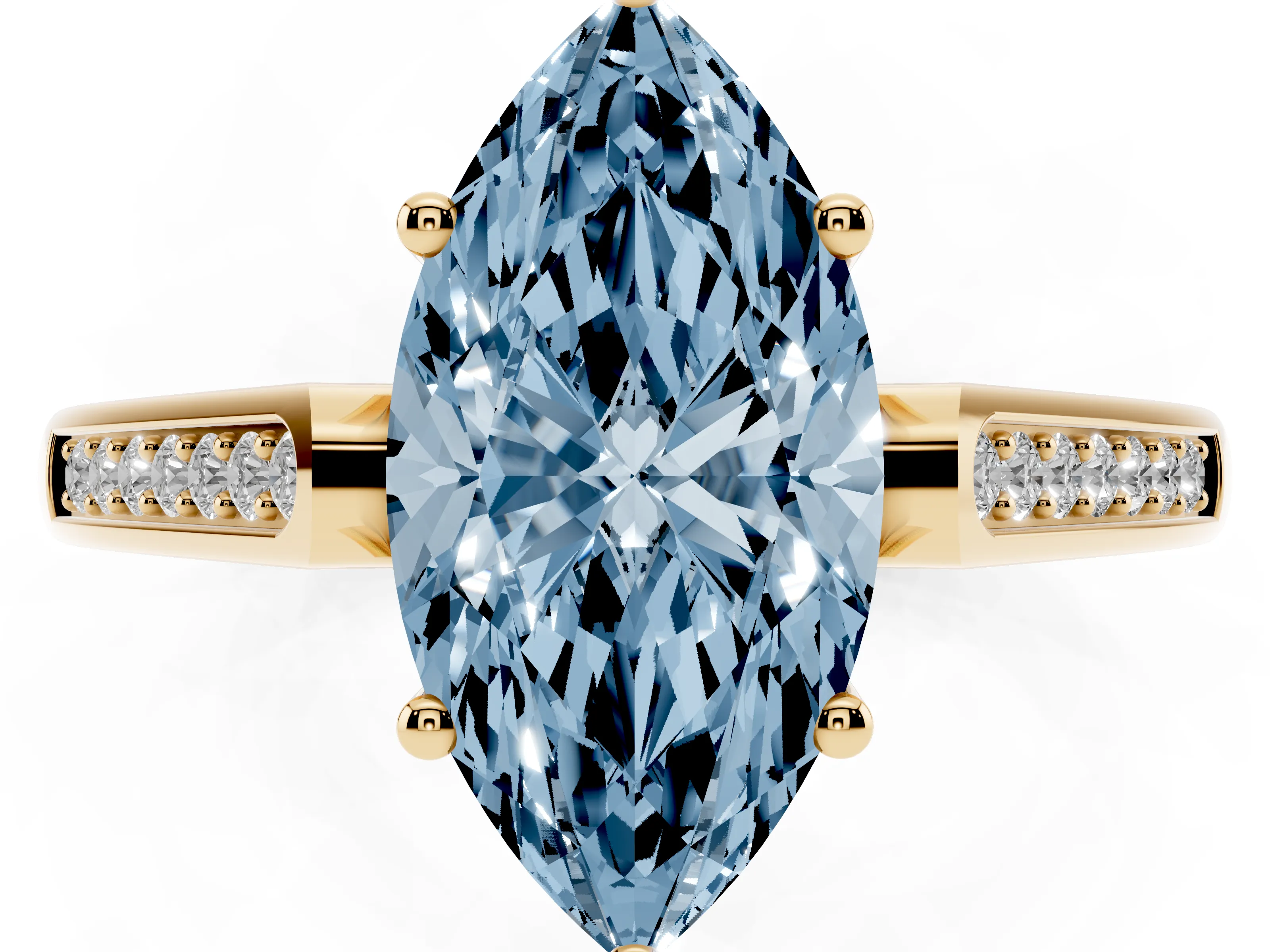 Fancy Blue Marquise Cut Diamond Solitaire Cathedral Engagement Ring Set in Yellow gold with Channel-Set Band and Prong Setting