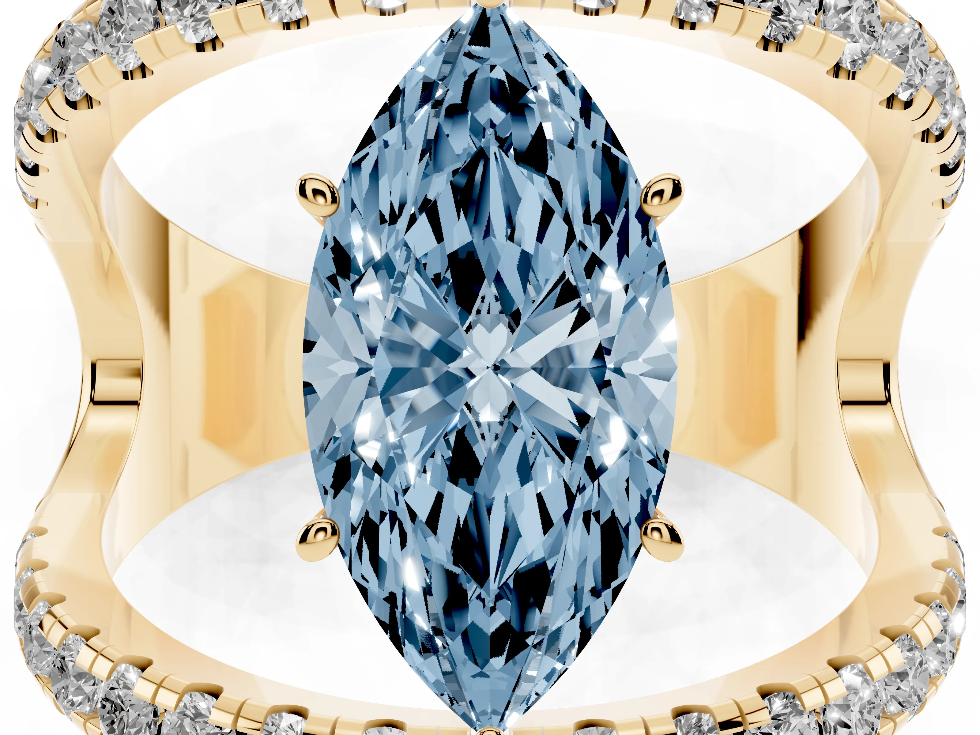 Fancy Blue Marquise Cut Diamond Split Shank Pavé Solitaire Ring Set in Yellow gold with Open Shank Design
