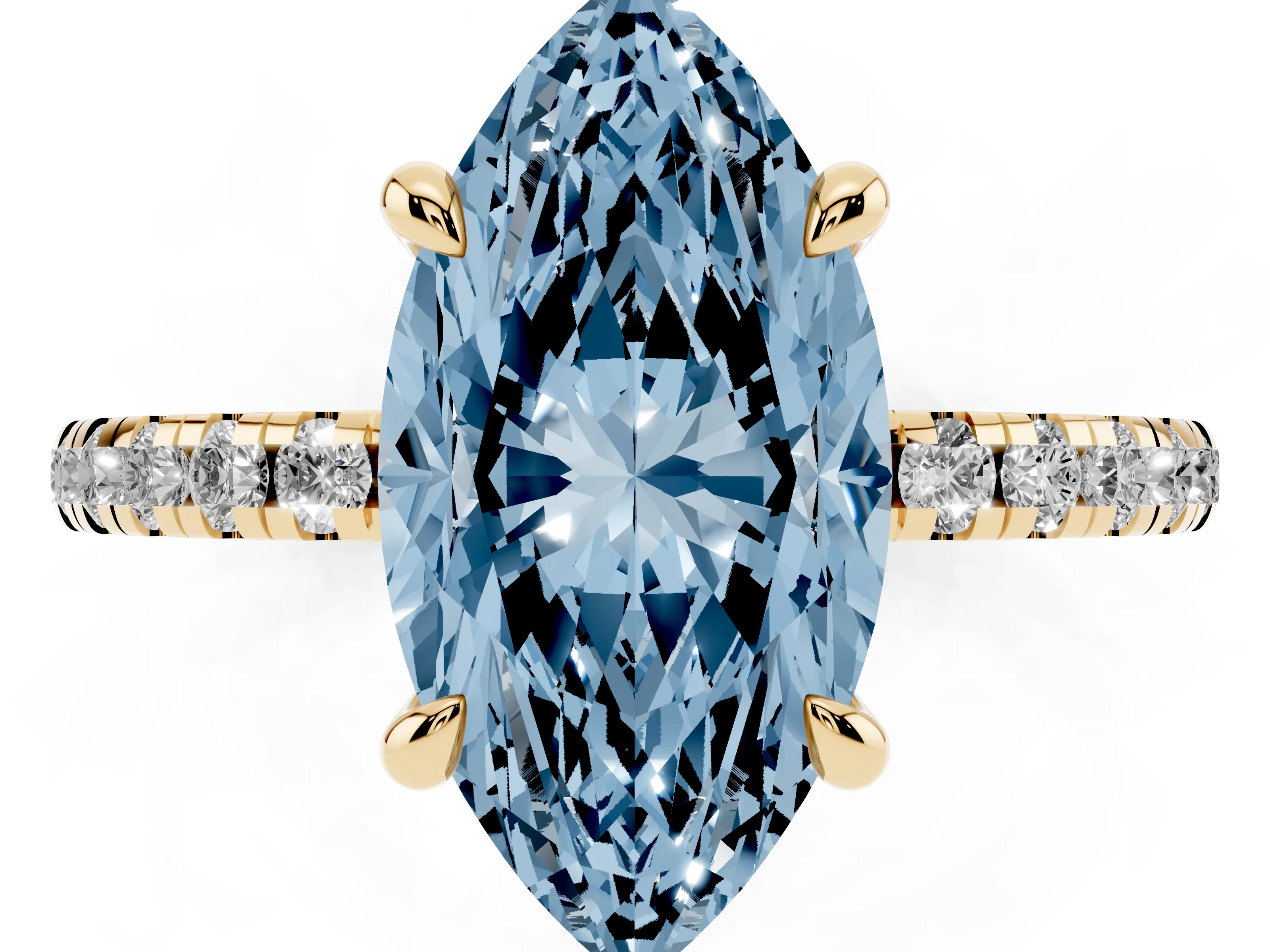 Fancy Blue Marquise Cut Diamond Brilliant Solitaire Ring Set in Yellow gold with Pavé Band and Prong Setting