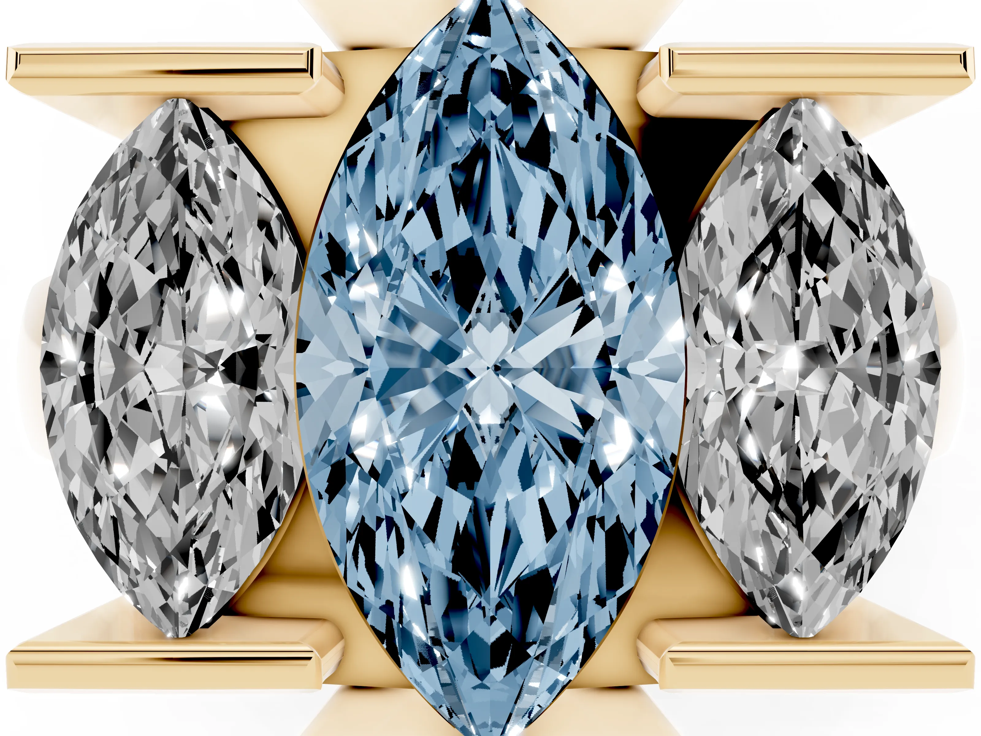 Fancy Blue Marquise Cut Diamond Three-Stone Channel Set Ring Set in Yellow gold with Smooth Polished Band