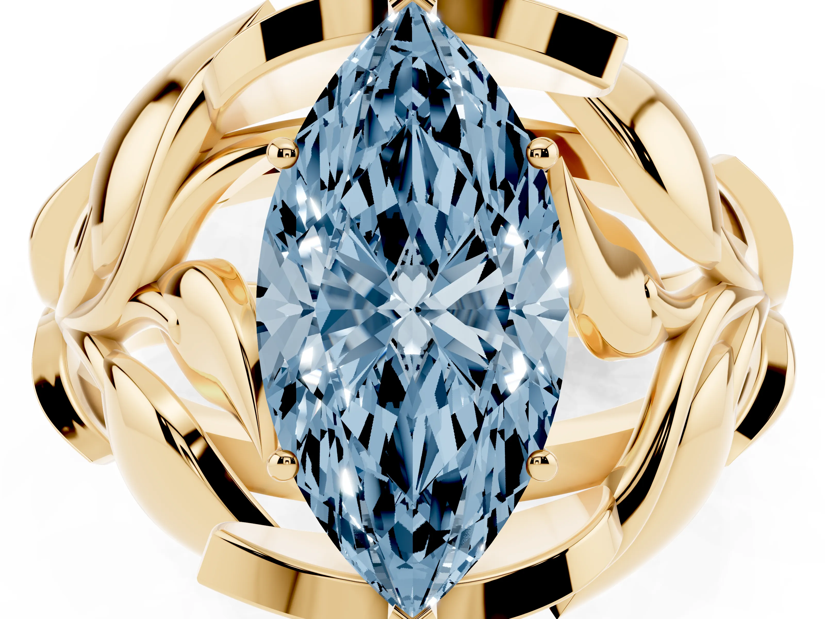 Fancy Blue Marquise Cut Diamond Leaf-Inspired Engagement Ring Set in Yellow gold with Round Accents
