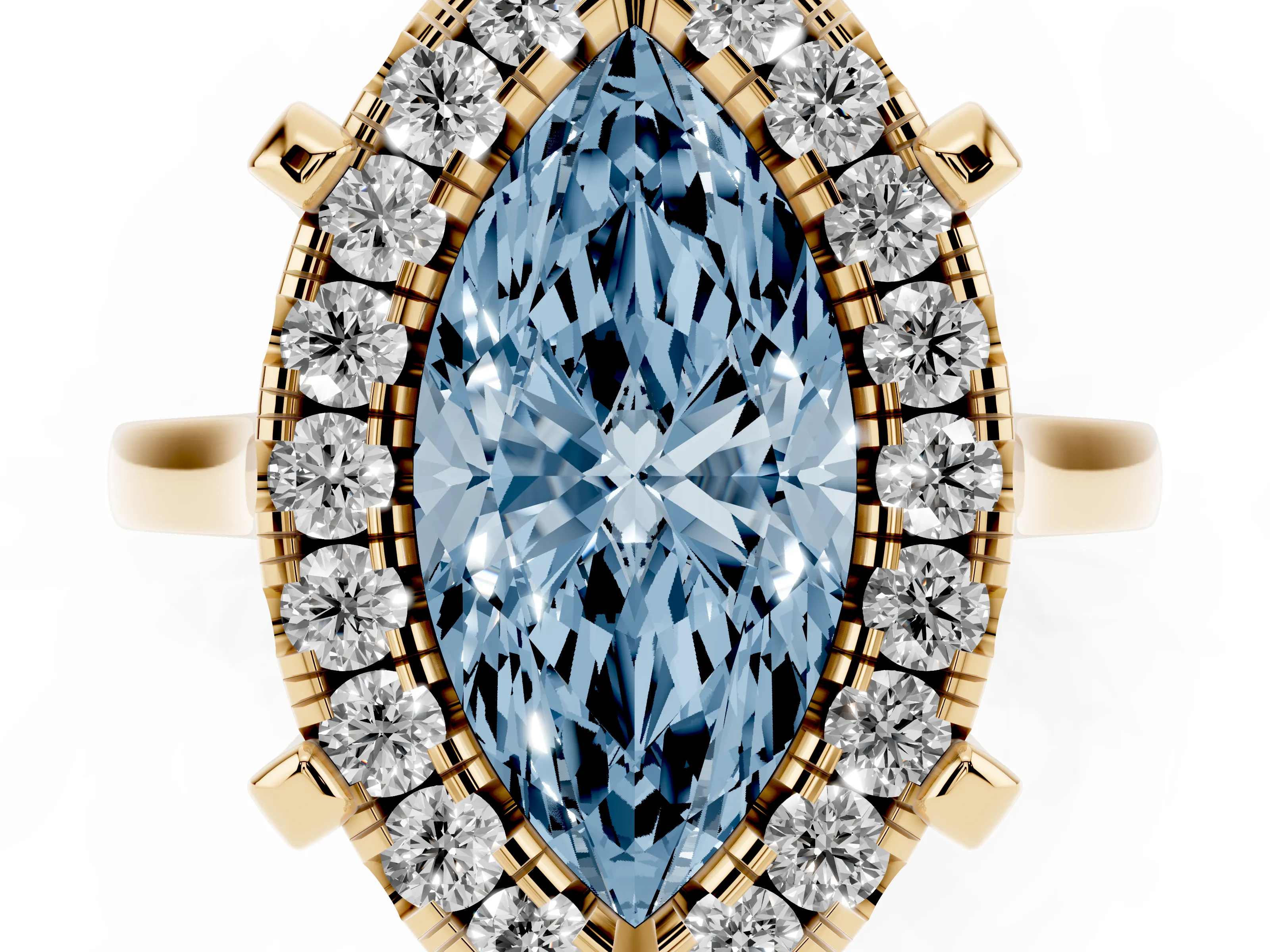 Fancy Blue Marquise Cut Diamond Cluster Halo Solitaire Ring Set in Yellow gold with Prong Setting