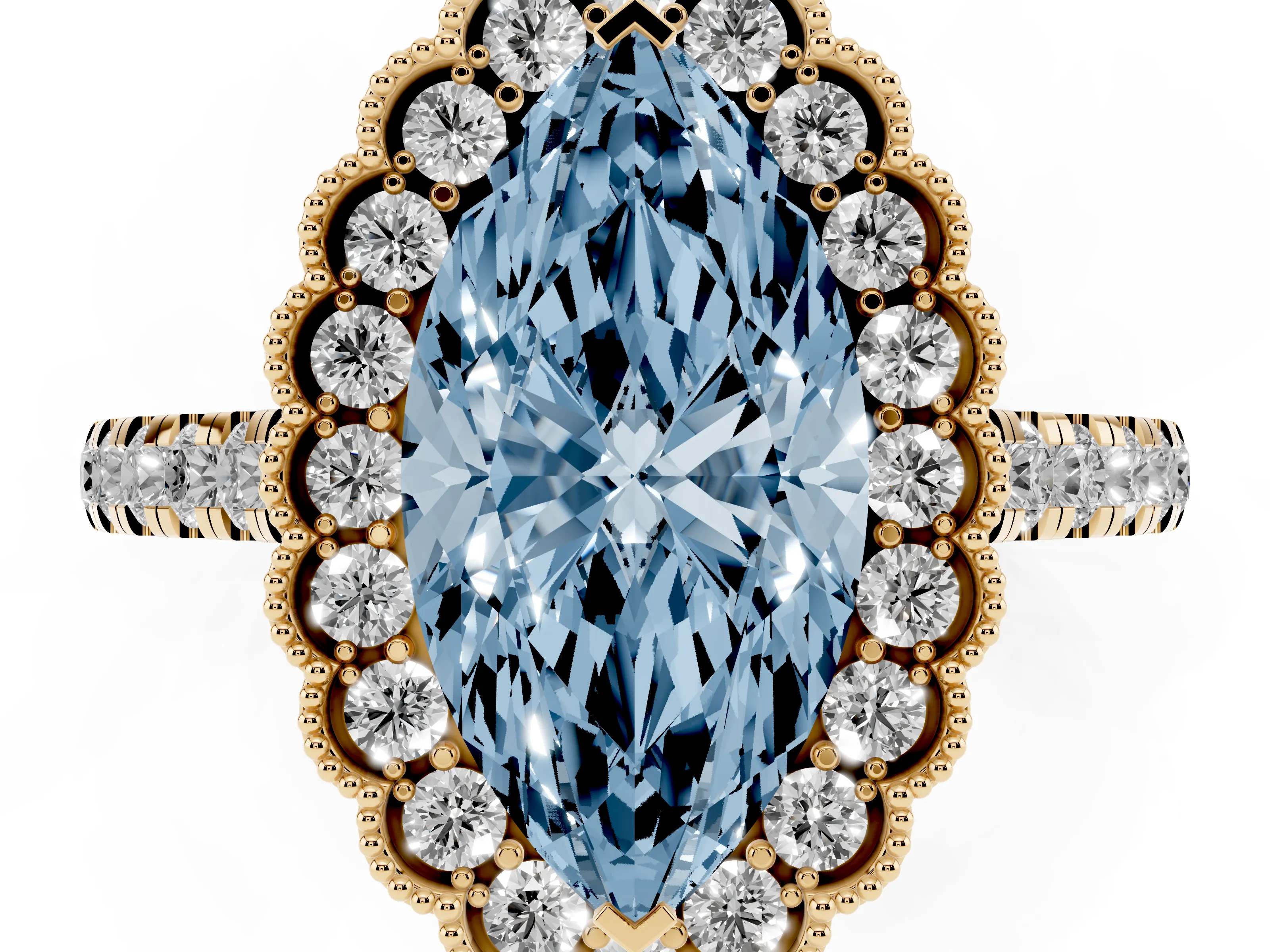 Fancy Blue Marquise Cut Diamond Milgrain Floral Halo Engagement Ring Set in Yellow gold with Pavé Band