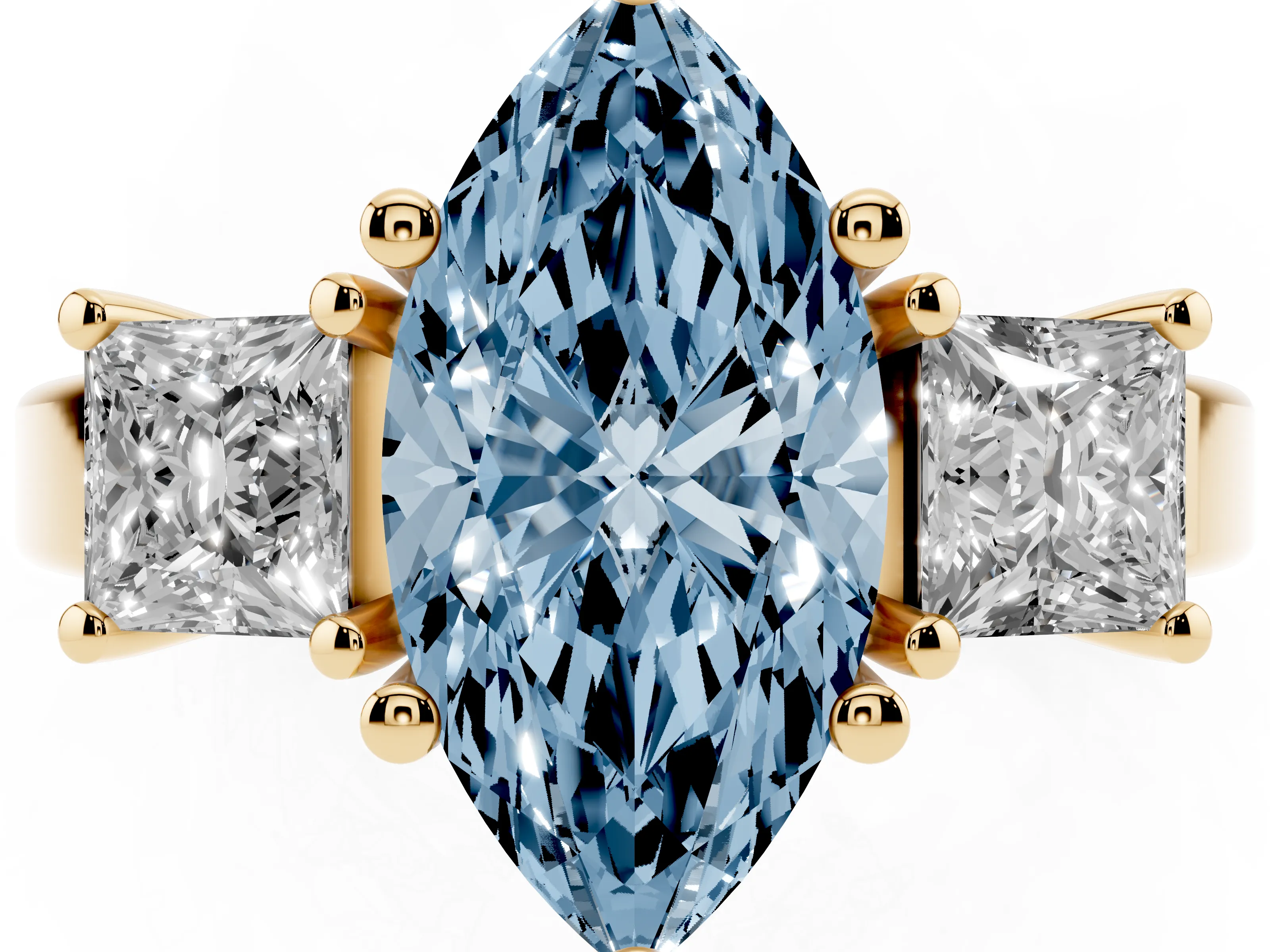 Fancy Blue Three-Stone Marquise Cut Diamond Solitaire Ring Set in Yellow gold with Prong Setting