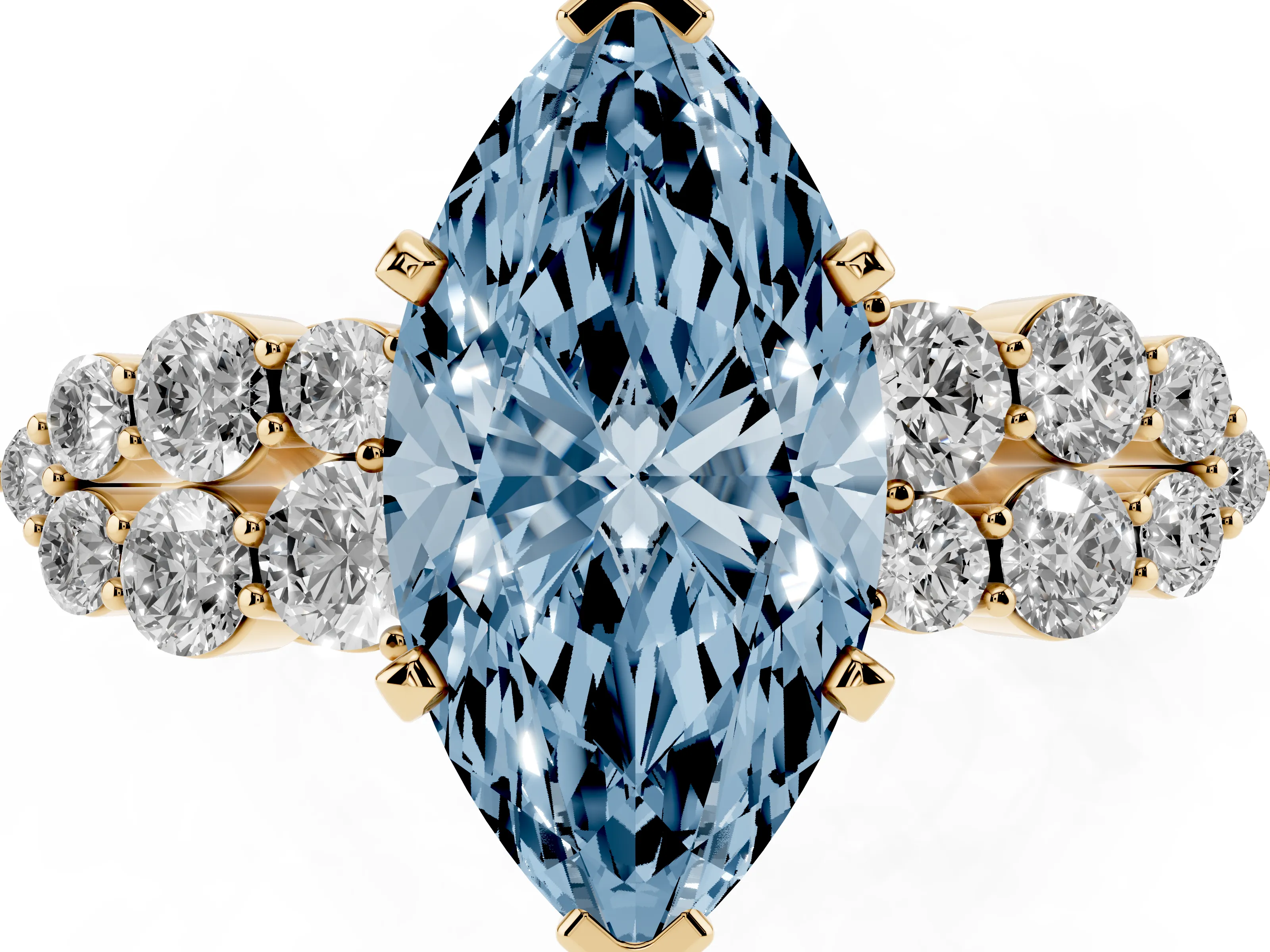 Fancy Blue Marquise Cut Diamond Cluster Engagement Ring Set in Yellow gold with Pavé Band and Prong Setting