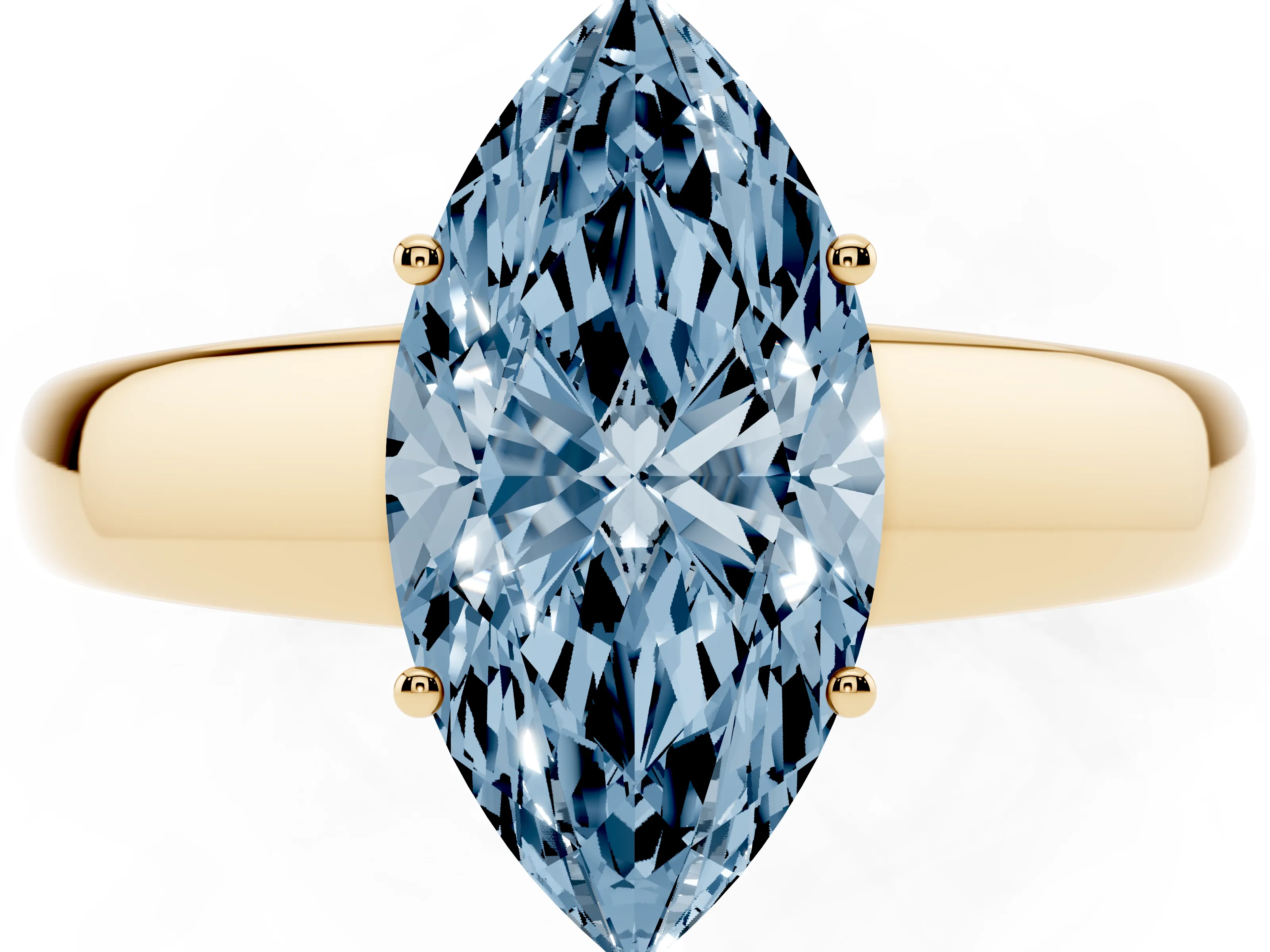 Fancy Blue Marquise Cut Diamond Solitaire Ring Set in Yellow gold with Tapered Band and Prong Setting