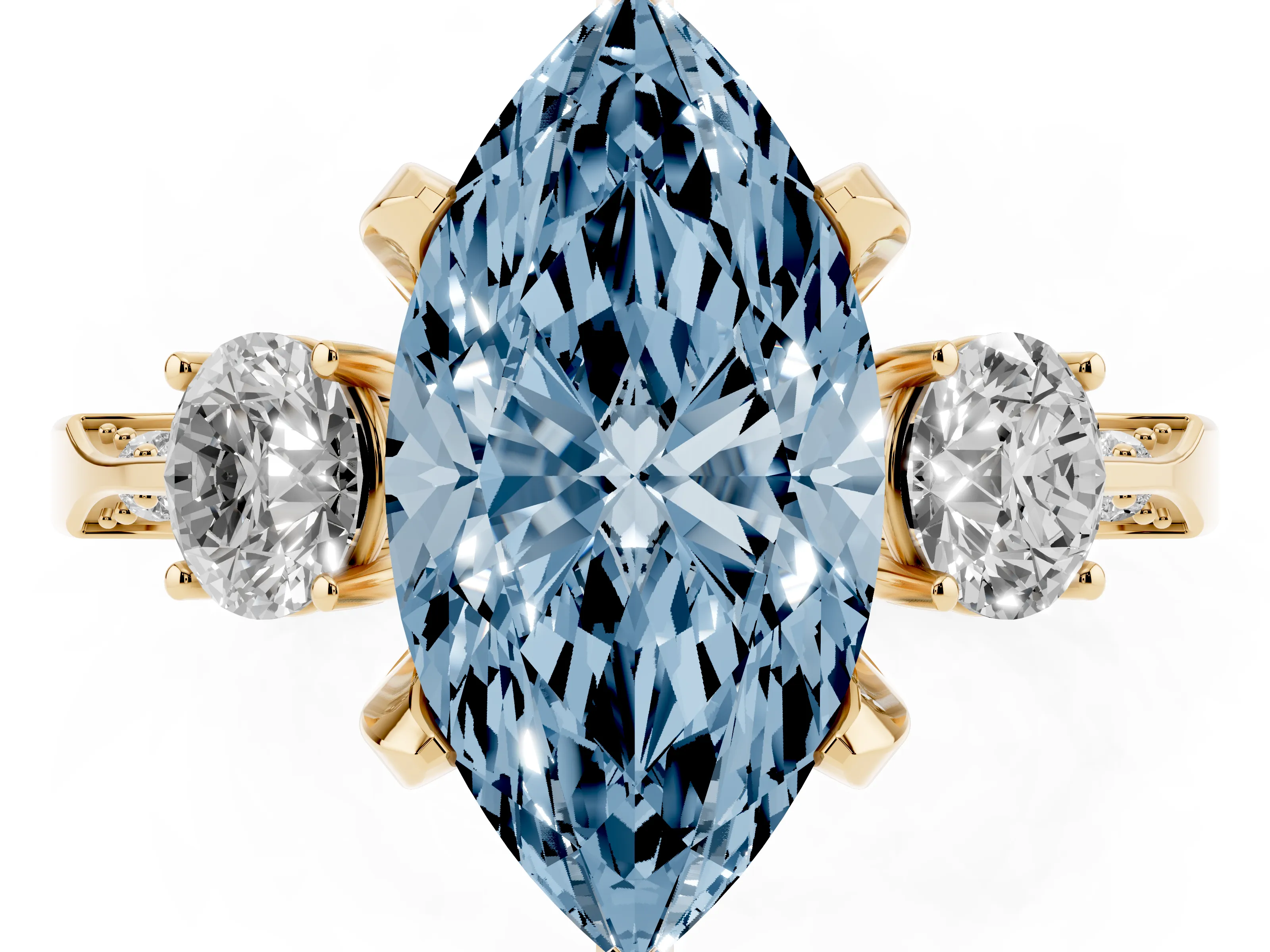 Fancy Blue Marquise Cut Diamond Three-Stone Ring Set in Yellow gold with Pavé Band and Smaller Side Stones