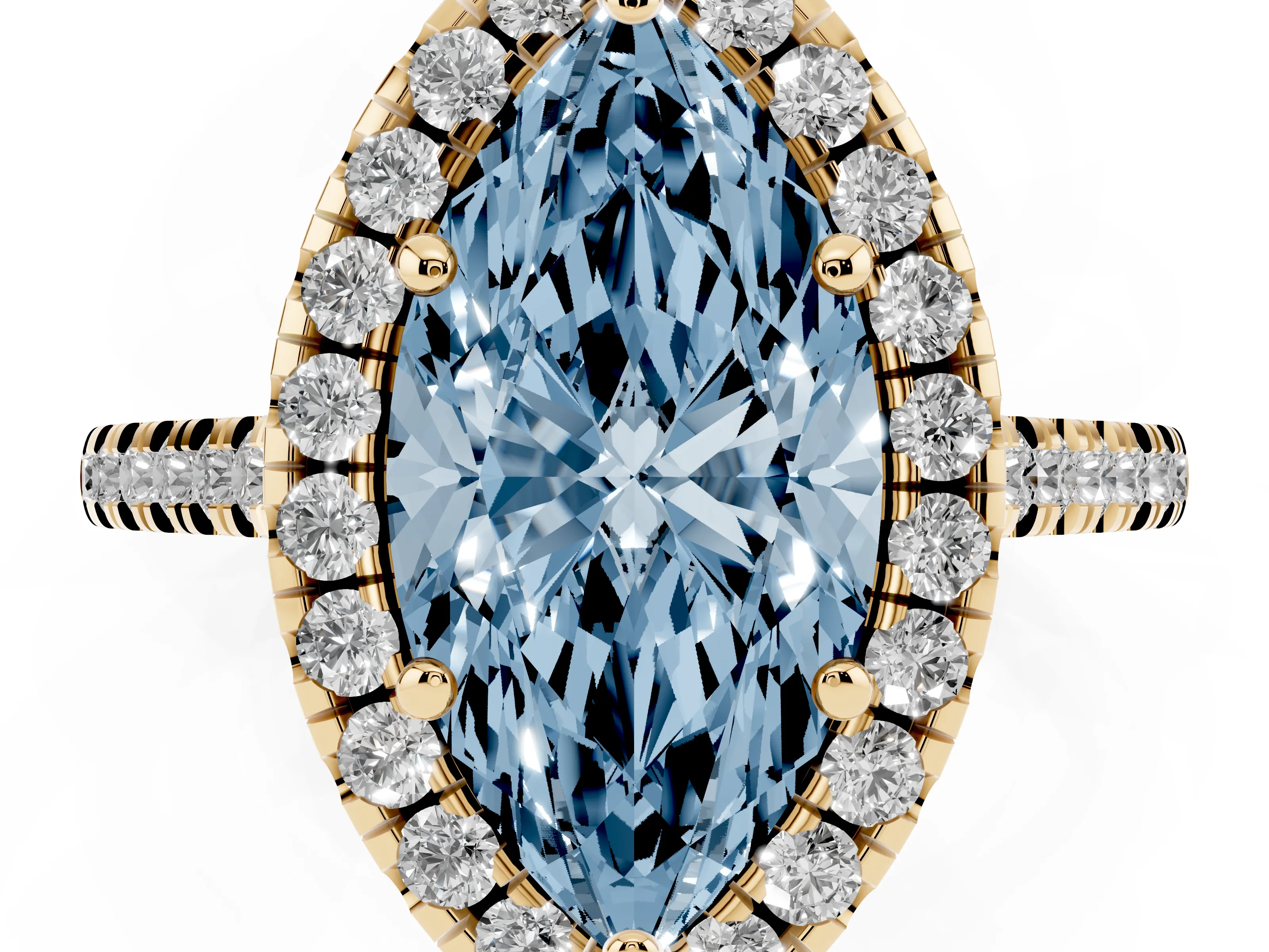 Fancy Blue Marquise Cut Diamond Cushion Halo Ring Set in Yellow gold with Pavé Band