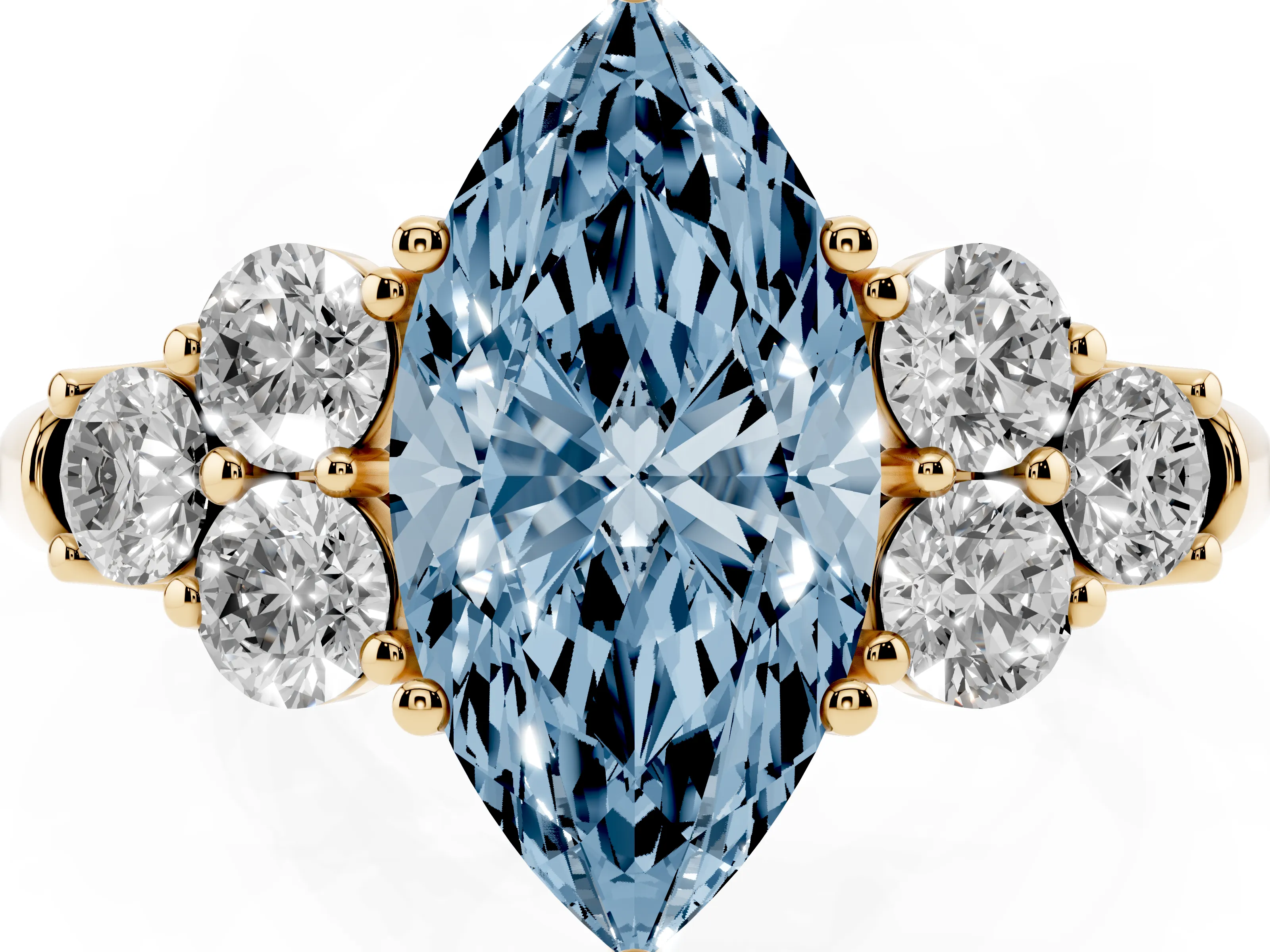 Fancy Blue Marquise Cut Diamond Cluster Ring Set in Yellow gold with Round Accent Stones and Prong Setting on a Plain Band
