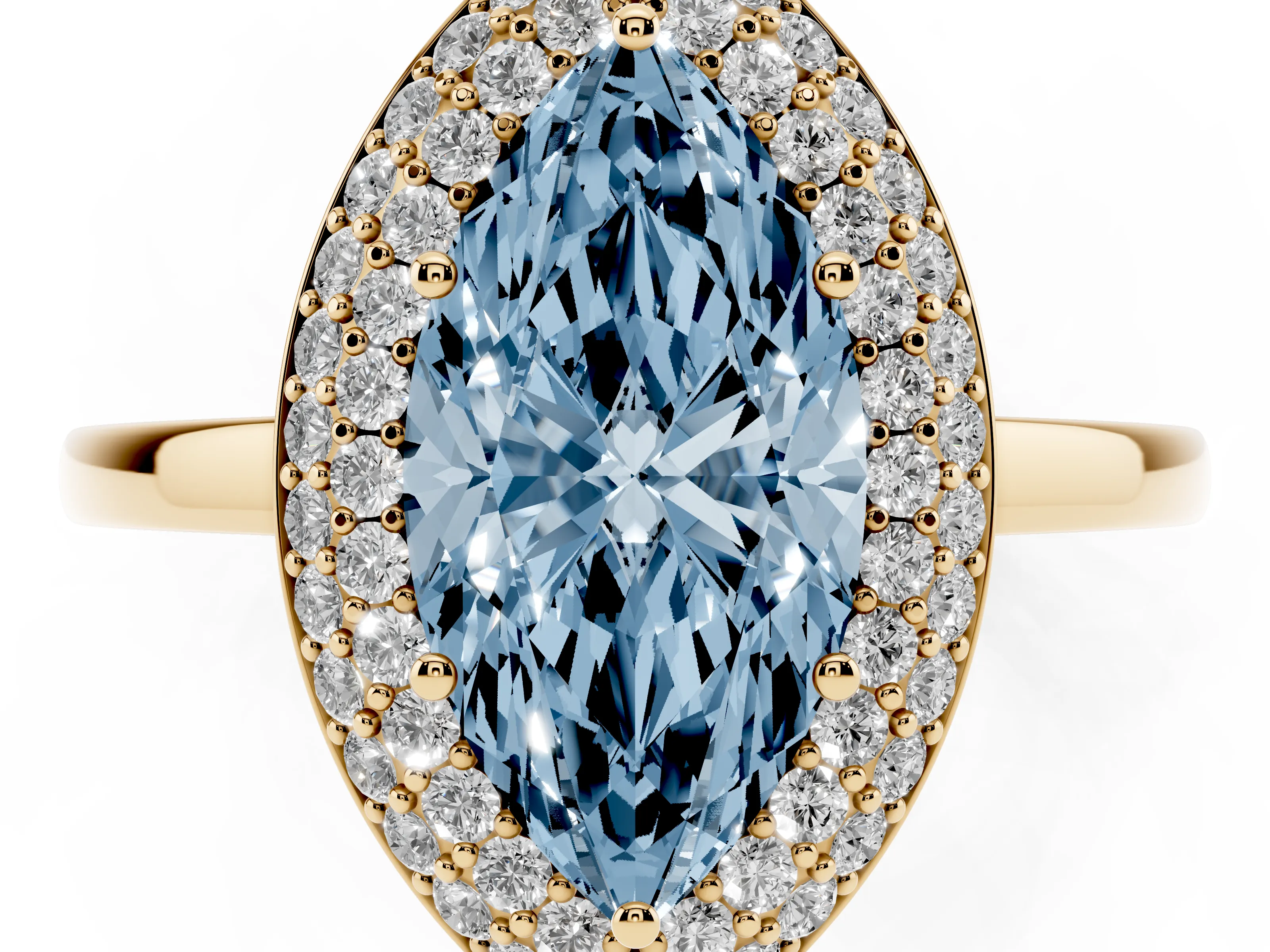 Fancy Blue Marquise Cut Diamond Halo Engagement Ring Set in Yellow gold with Solitaire Band and Prong Setting