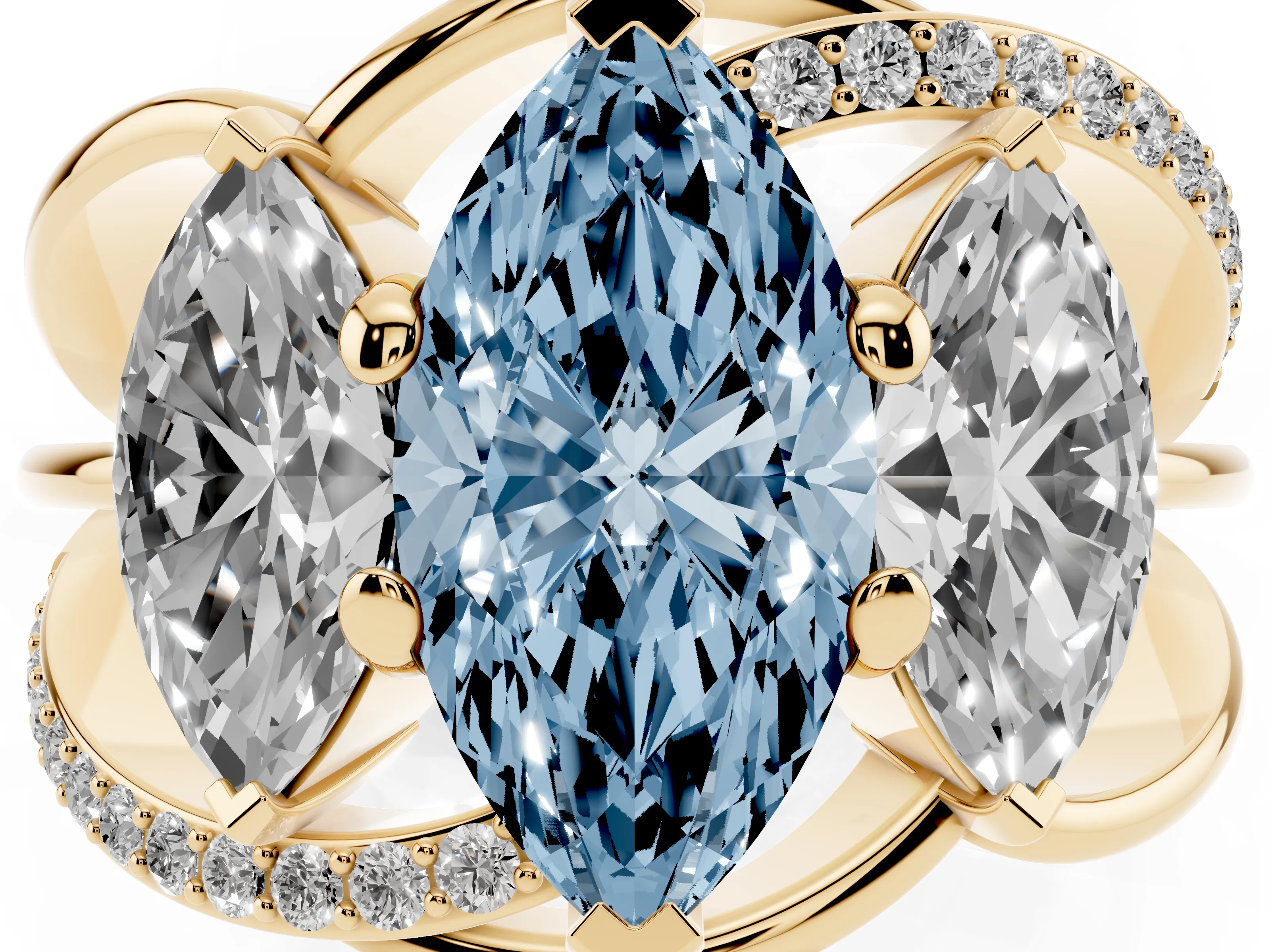 Fancy Blue Marquise Cut Diamond Three-Stone Ring Set in Yellow gold with Split Shank and Prong Setting