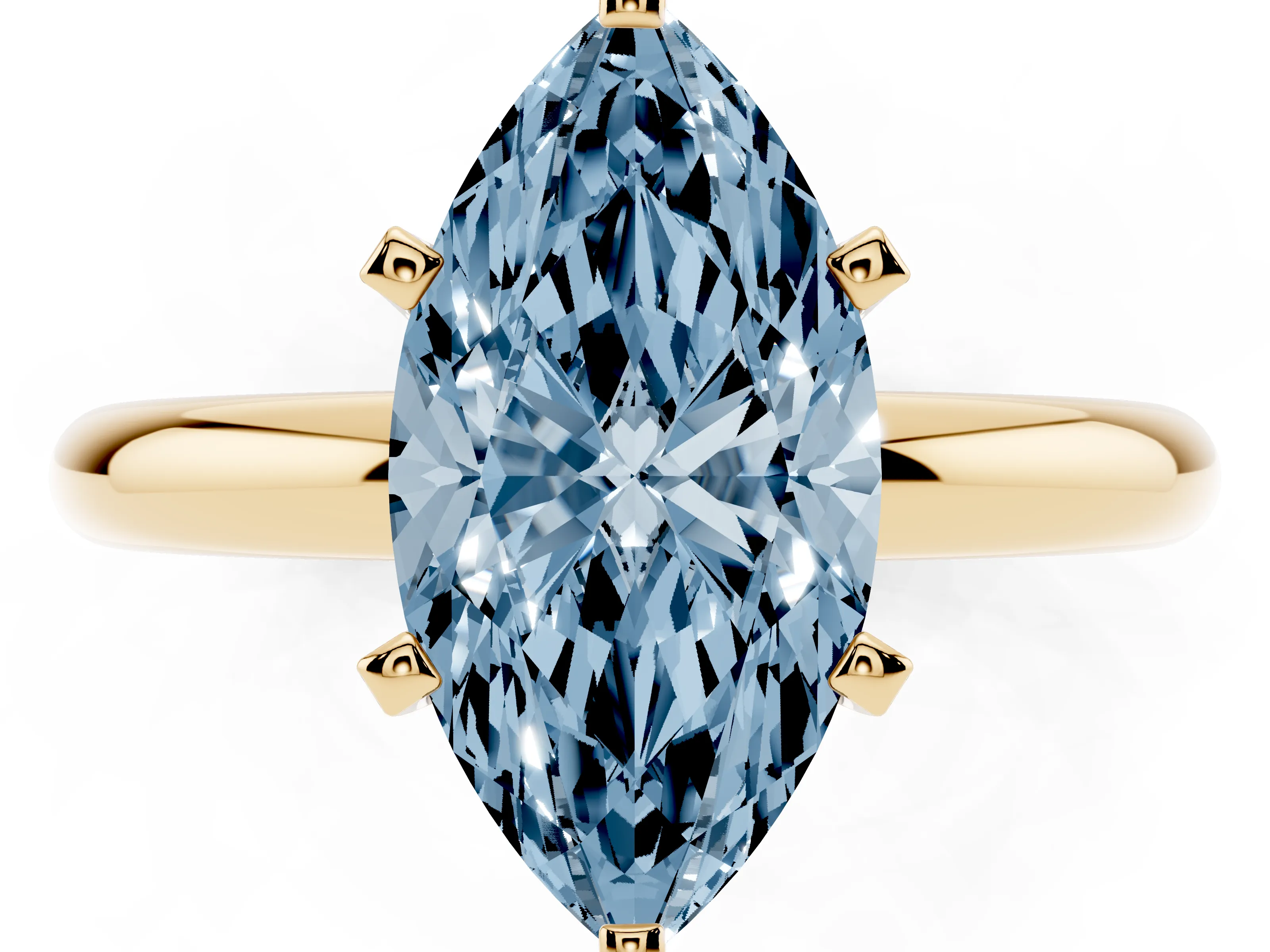 Fancy Blue Marquise Cut Diamond Solitaire Engagement Ring Set in Yellow gold with Round Band and Prong Setting