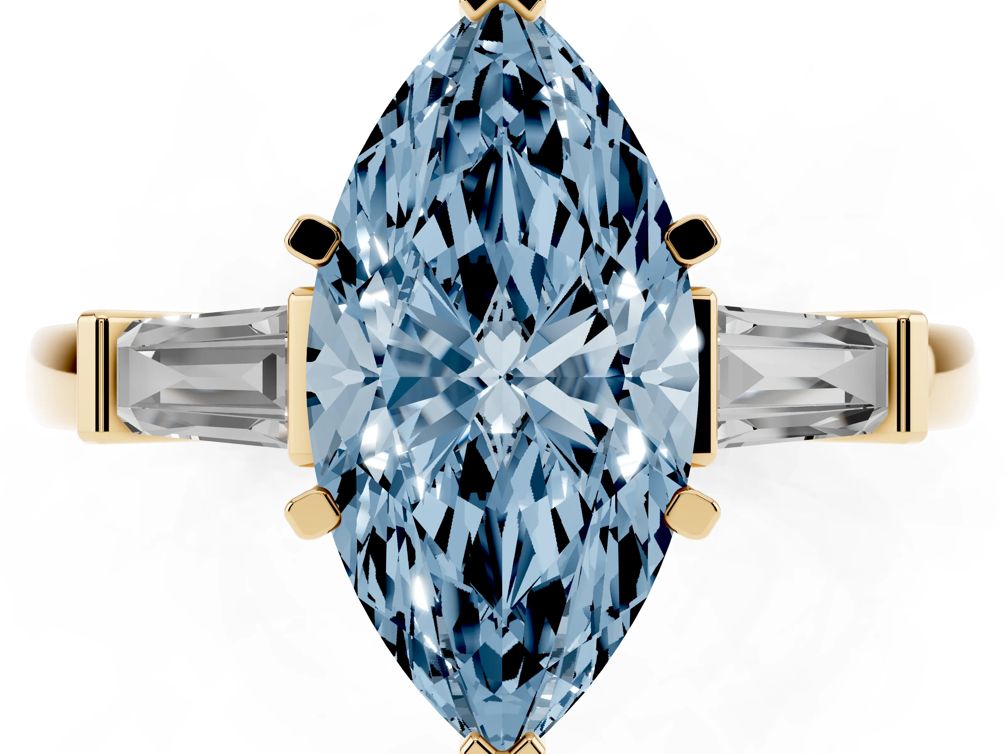 Fancy Blue Marquise Cut Diamond Solitaire Ring Set in Yellow gold with Tapered Baguette Accents and Prong Setting