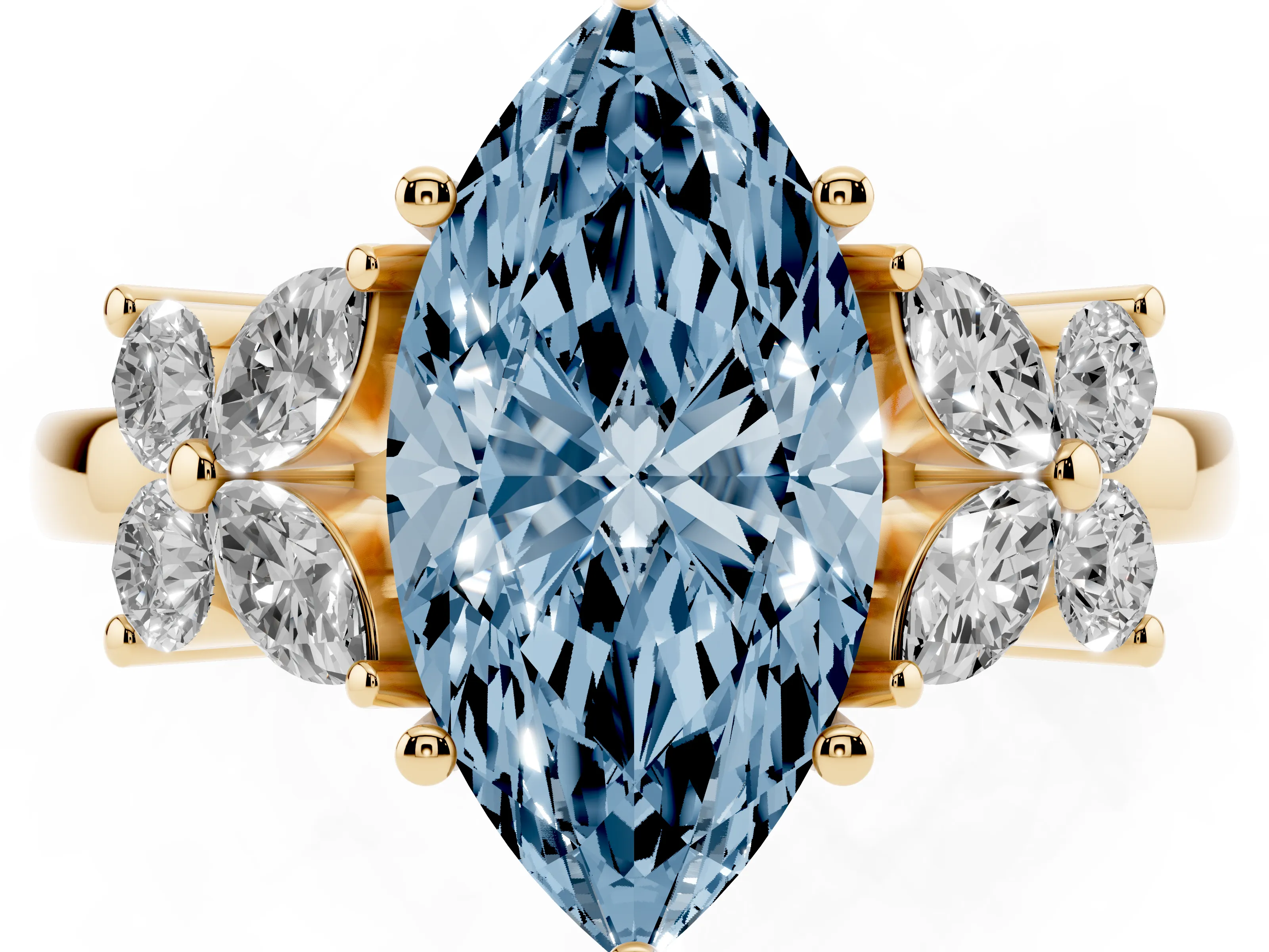 Fancy Blue Marquise Cut Diamond Floral Cluster Ring Set in Yellow gold with Marquise Petals and Prong Setting