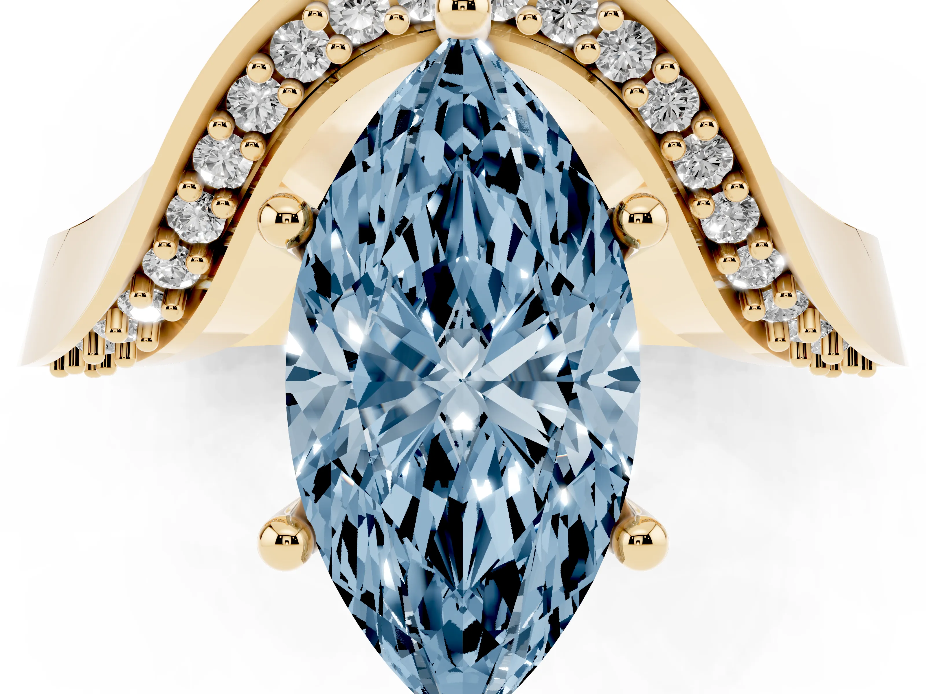 Fancy Blue Marquise Cut Diamond Solitaire Engagement Ring Set in Yellow gold with Pavé Shoulders