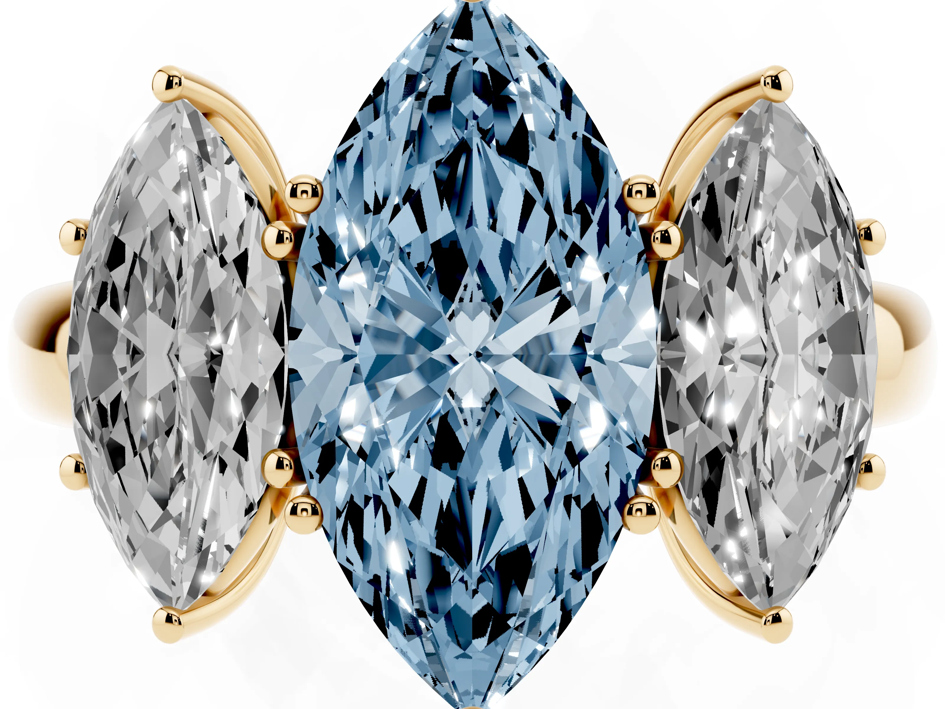 Fancy Blue Marquise Cut Diamond Three-Stone Ring Set in Yellow gold with Bold Center and Classic Band