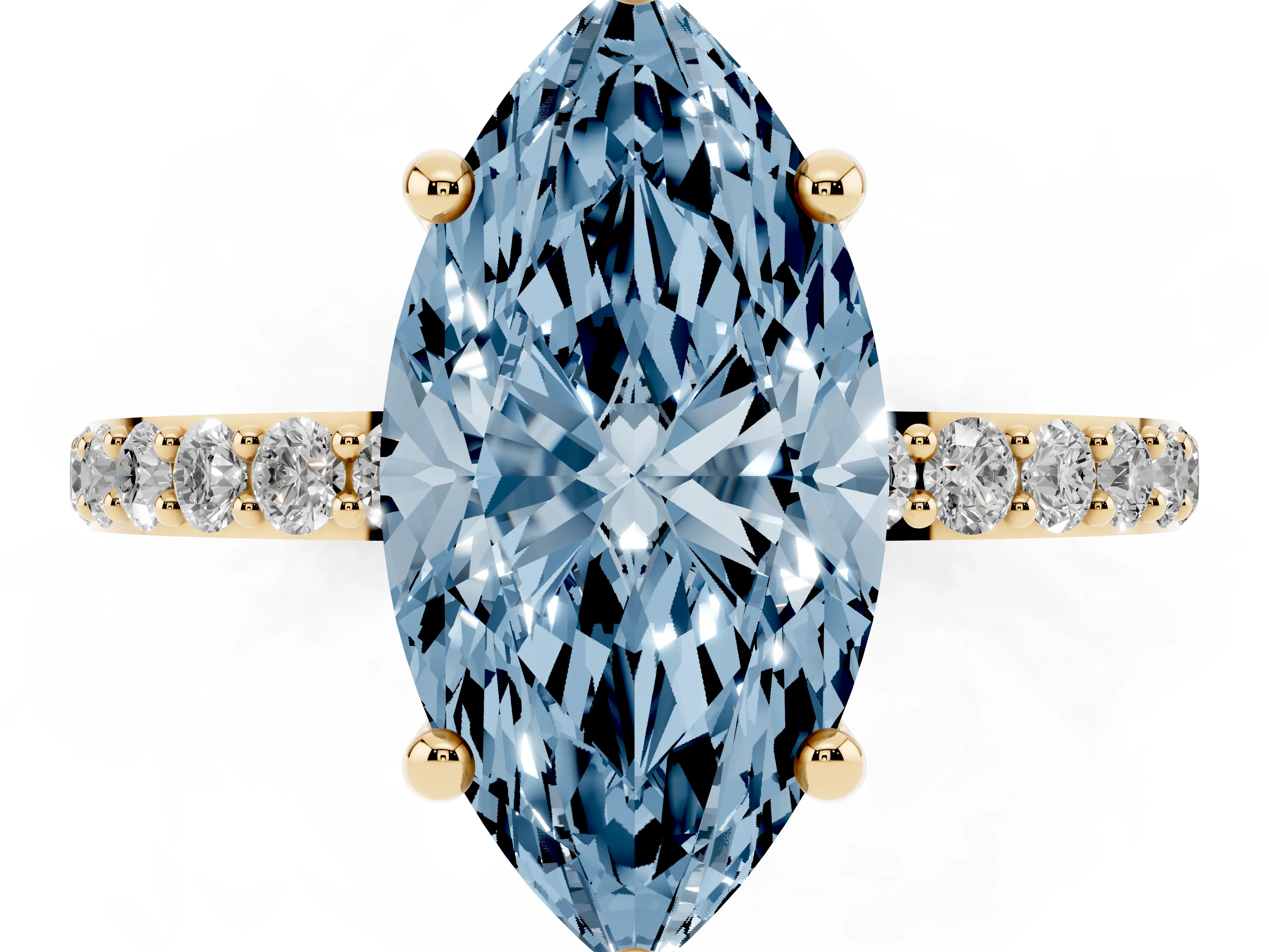 Fancy Blue Marquise Cut Diamond Solitaire Ring Set in Yellow gold with Round Pavé Band and Prong Setting