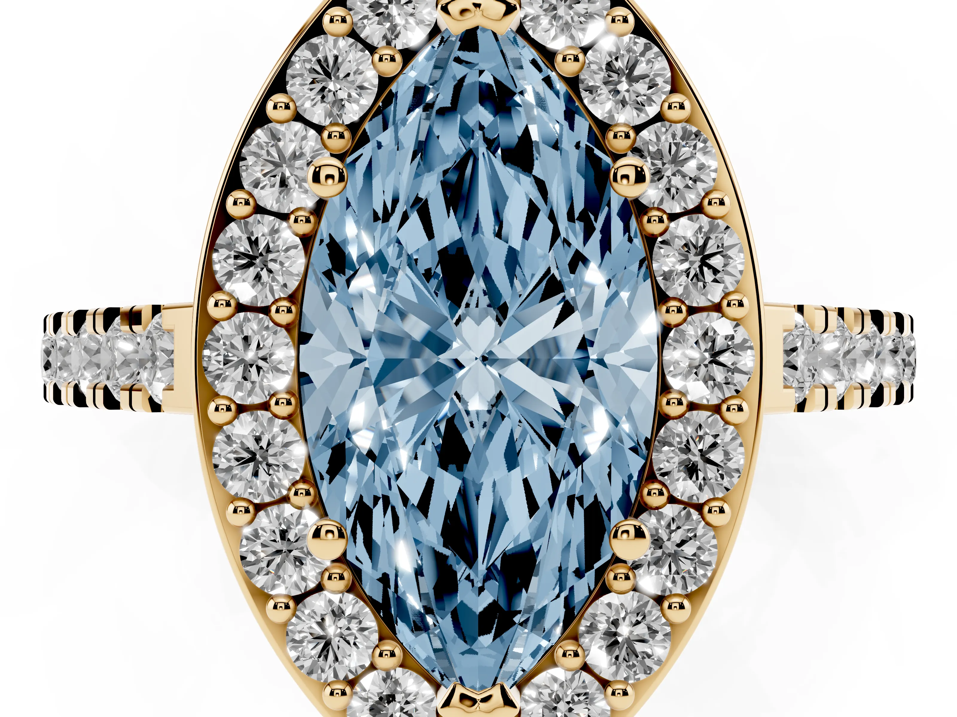 Fancy Blue Marquise Cut Diamond Halo Ring Set in Yellow gold with Round Pavé Split Shank and Prong Setting