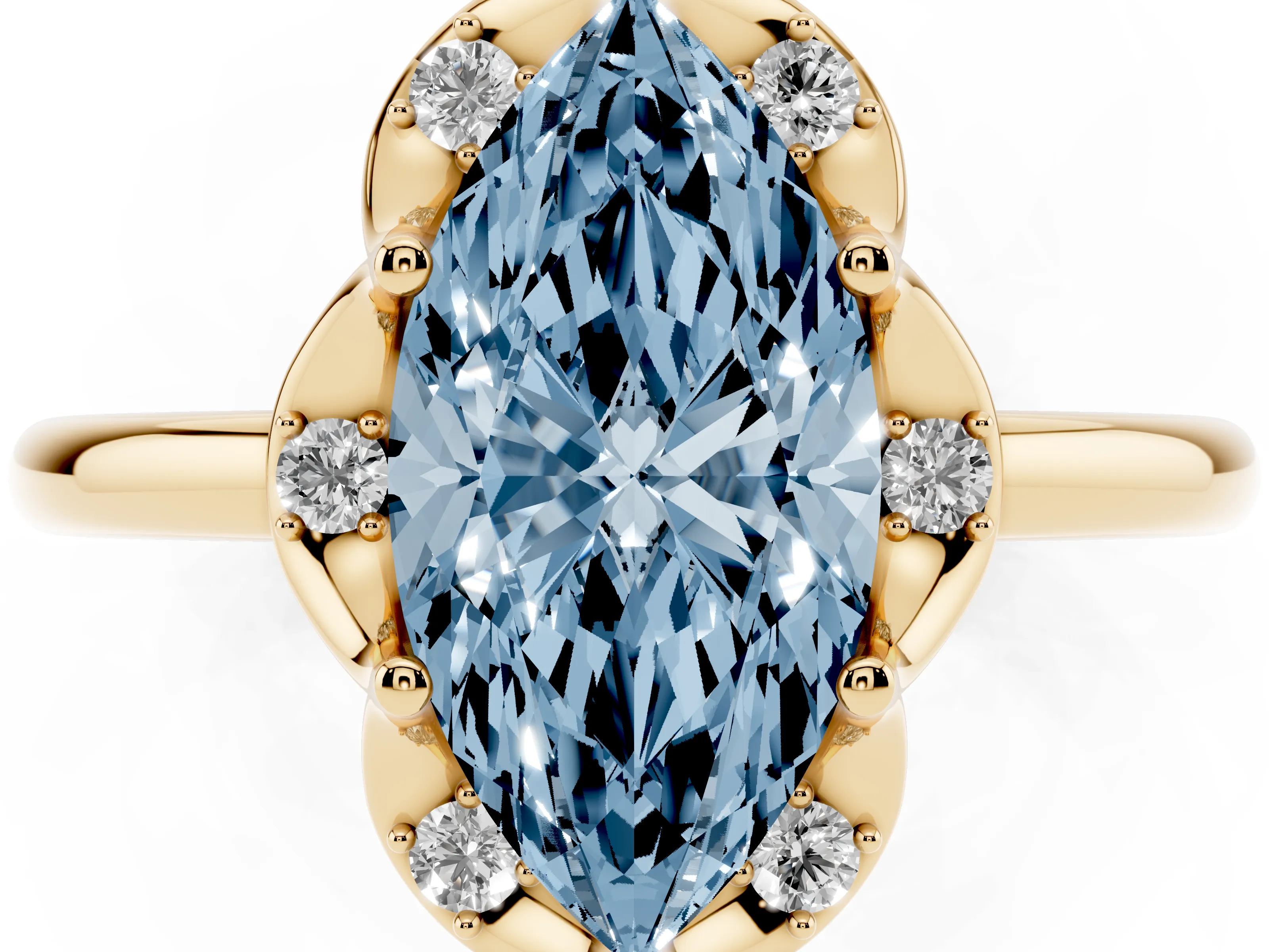 Fancy Blue Marquise Cut Diamond Round Cluster Halo Ring Set in Yellow gold with Solitaire Band and Prong Setting