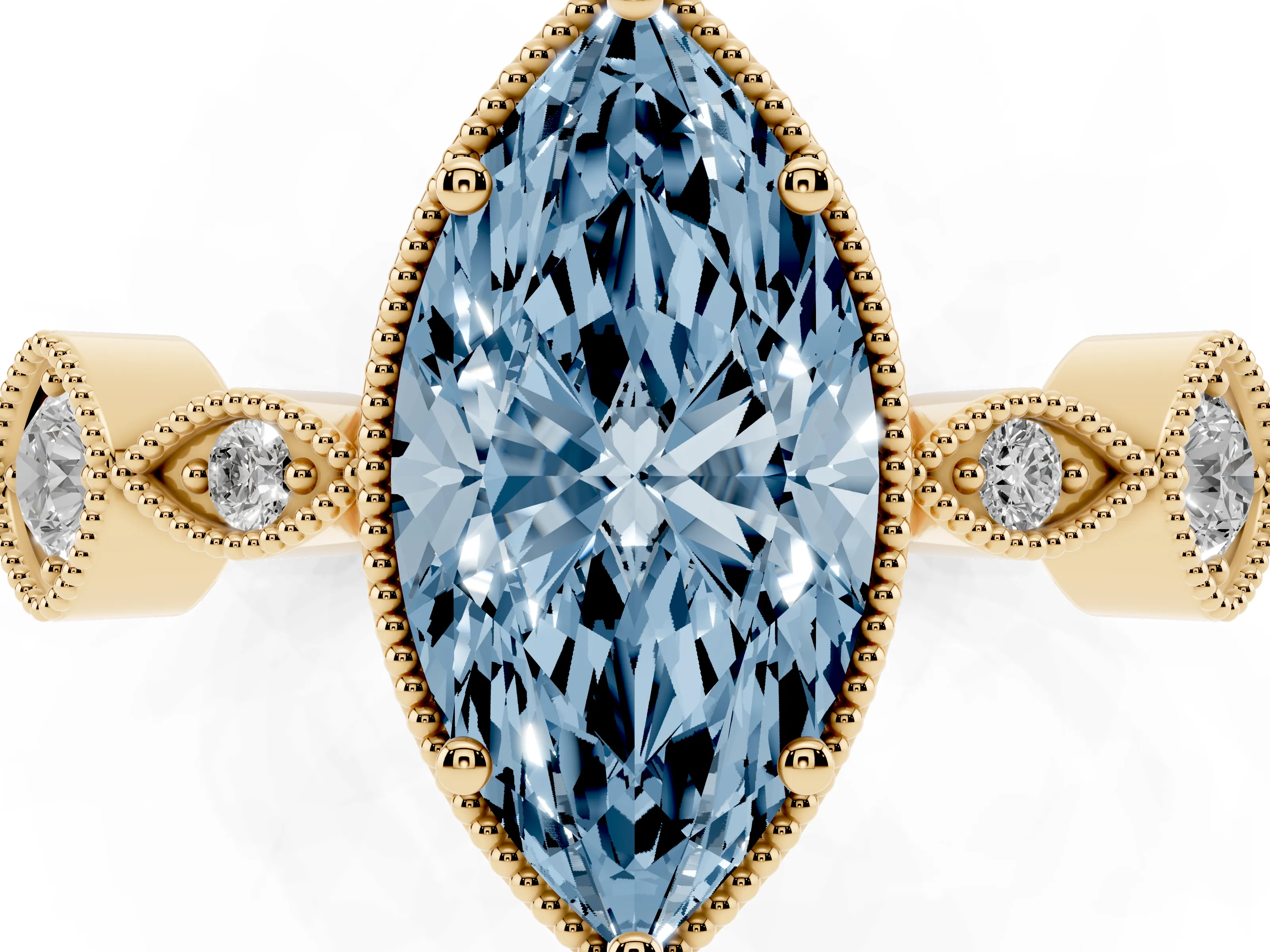 Fancy Blue Marquise Cut Diamond Vintage-Inspired Milgrain Ring Set in Yellow gold with Marquise Stations of Round Accents