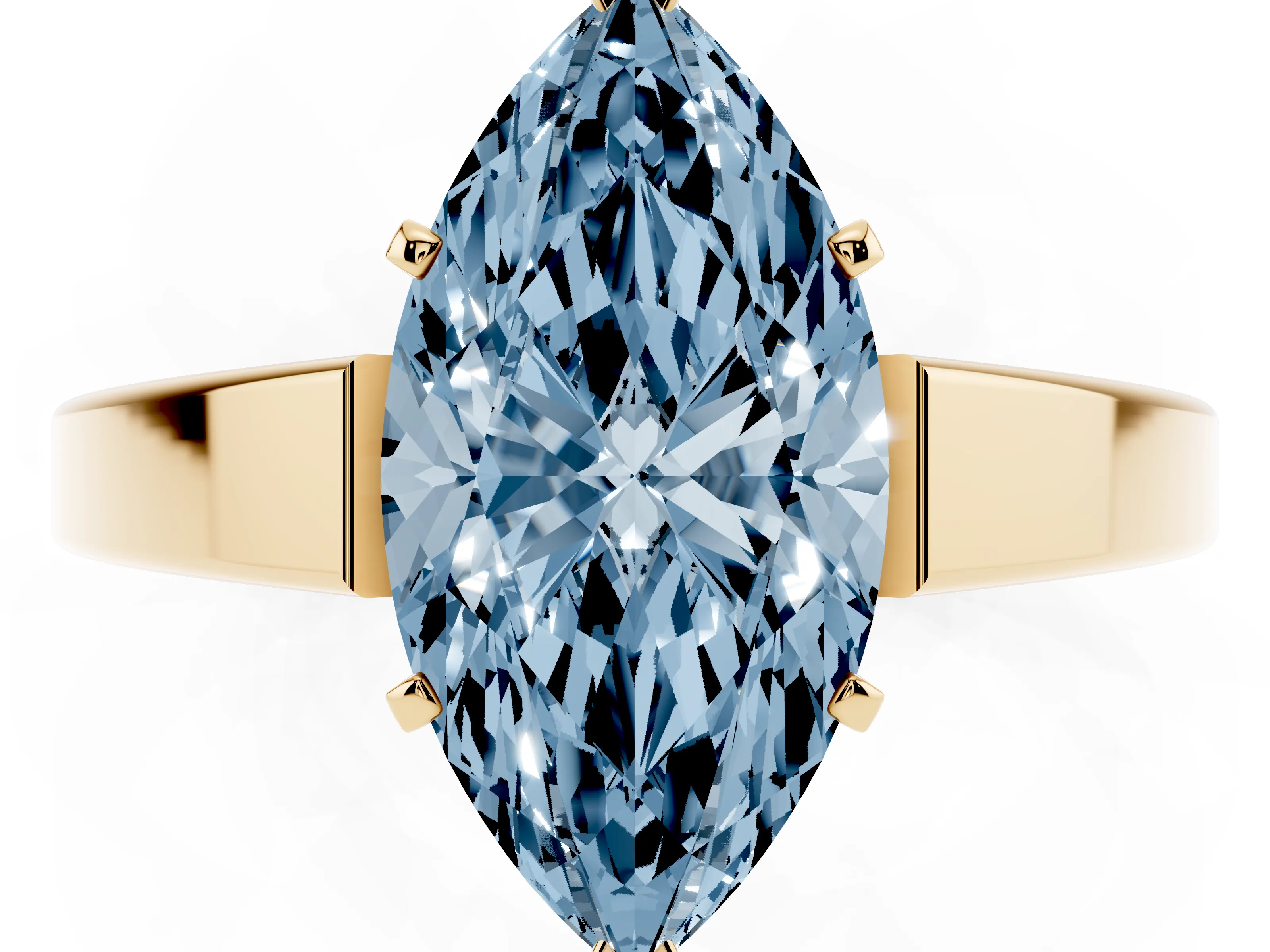 Fancy Blue Marquise Cut Diamond Solitaire Engagement Ring Set in Yellow gold with Prong Setting and Tapered Band