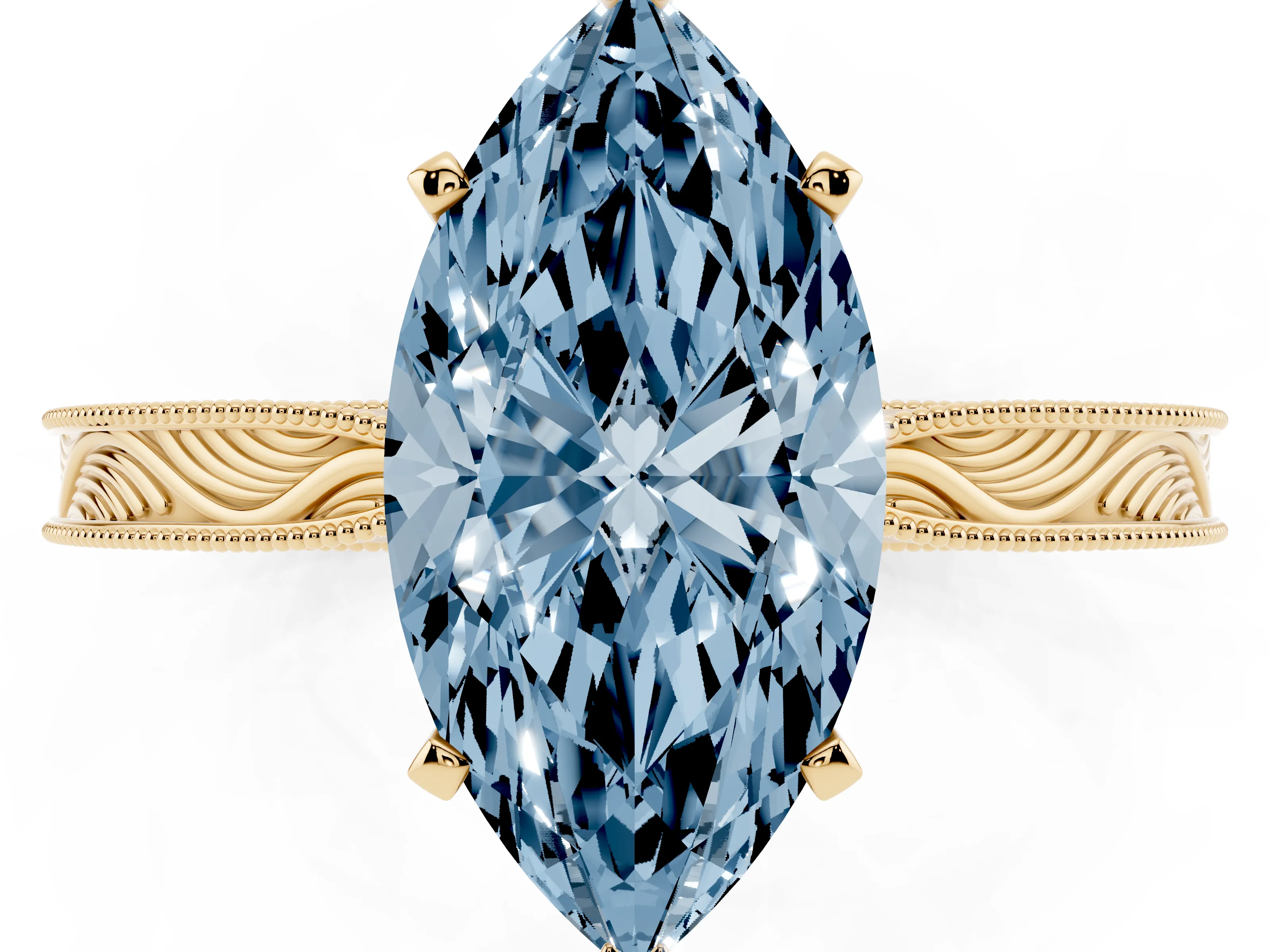 Fancy Blue Marquise Cut Diamond Solitaire Milgrain Engraved Band Set in Yellow gold with Prong Setting