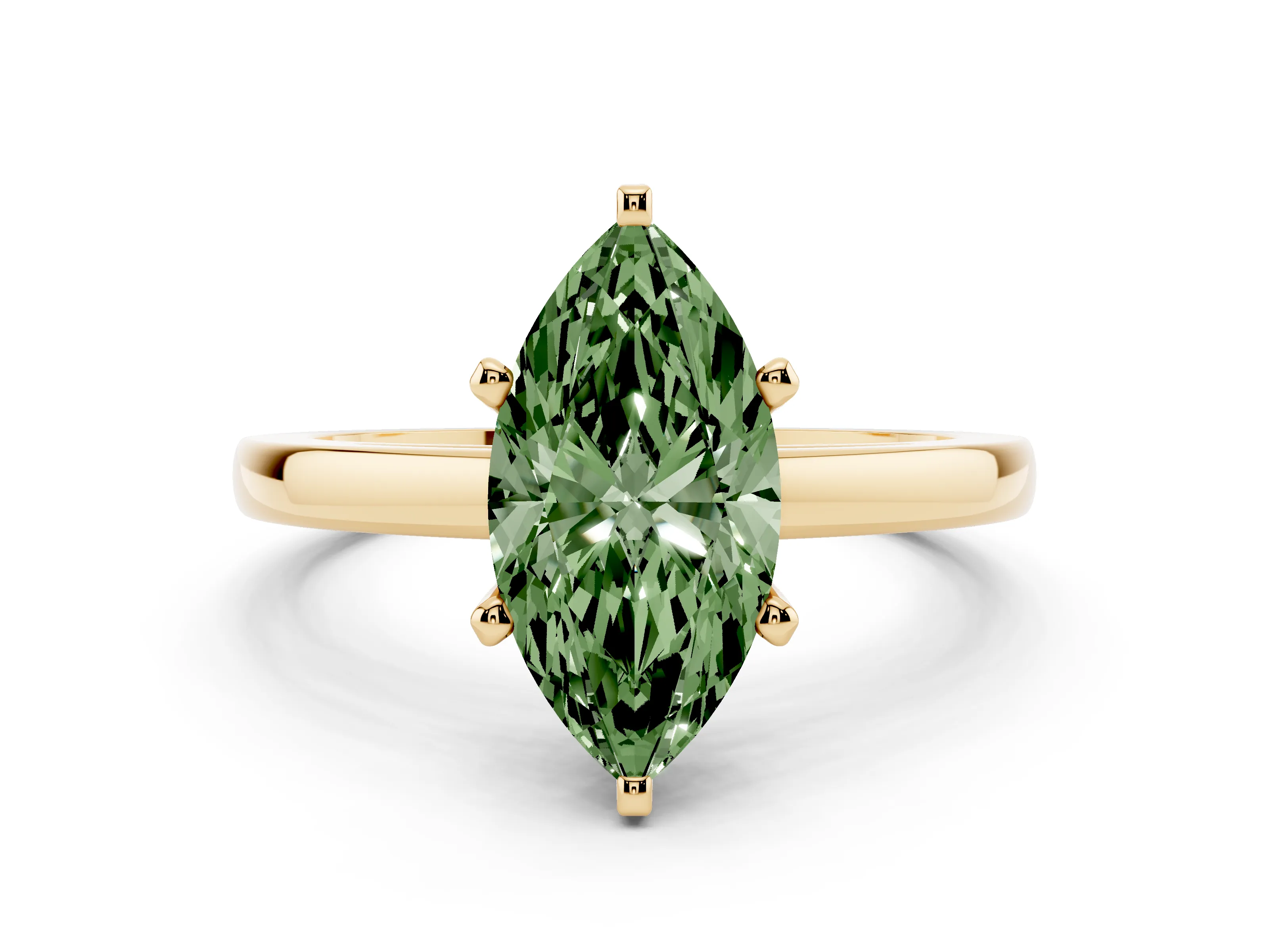 Fancy Green Marquise Cut Diamond Solitaire Engagement Ring Set in Yellow gold with Prong Setting on a Classic Band