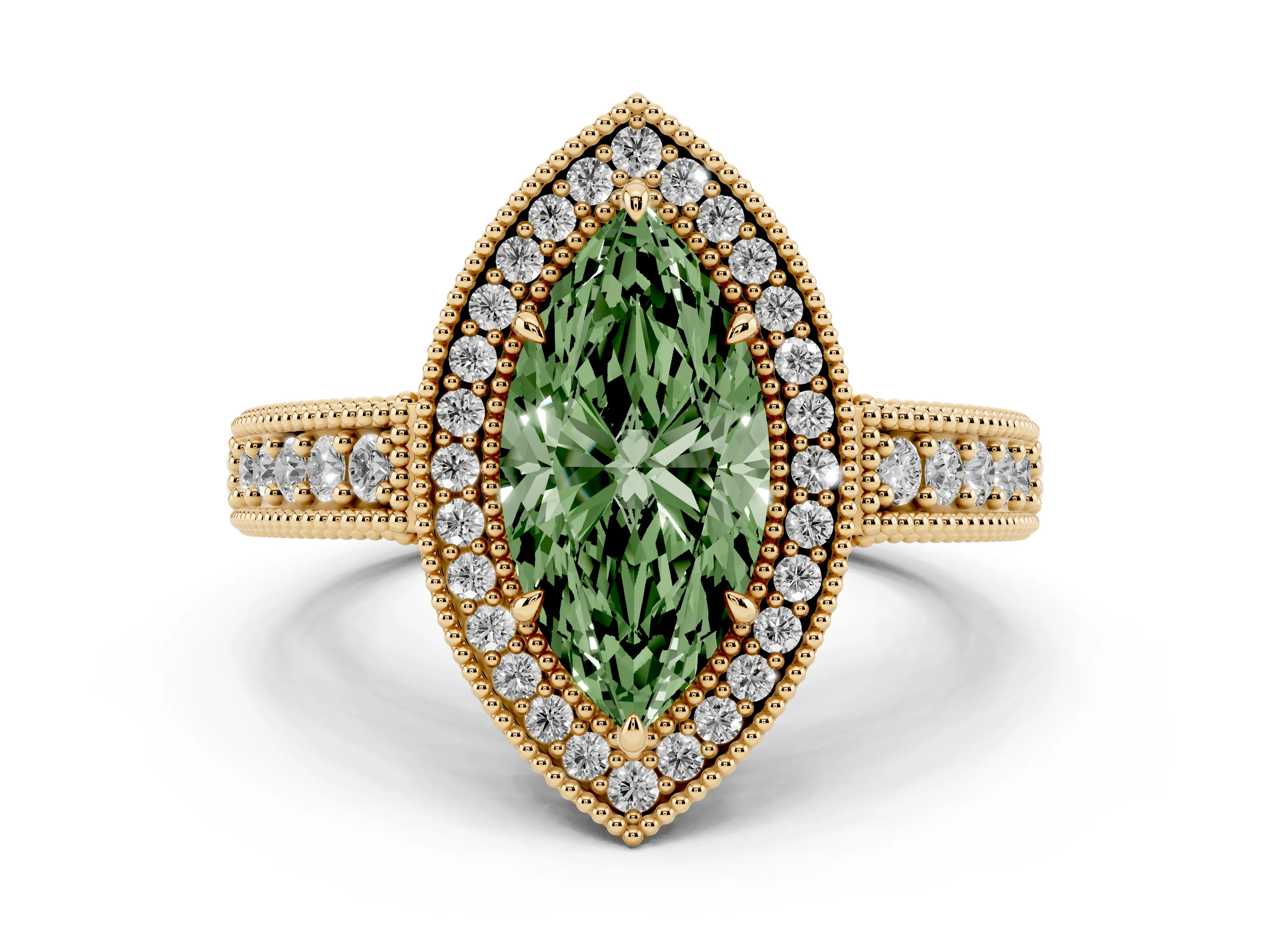 Fancy Green Marquise Cut Diamond Halo Ring Set in Yellow gold with Round Accent Halo, Pavé Band and Prong Setting