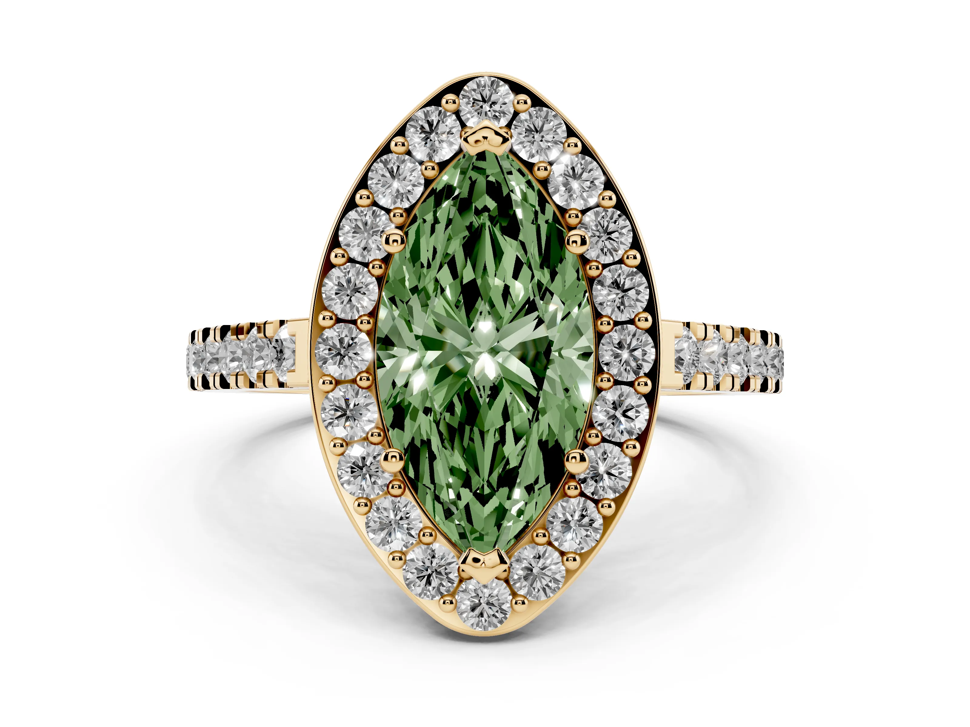 Fancy Green Marquise Cut Diamond Halo Ring Set in Yellow gold with Round Pavé Split Shank and Prong Setting