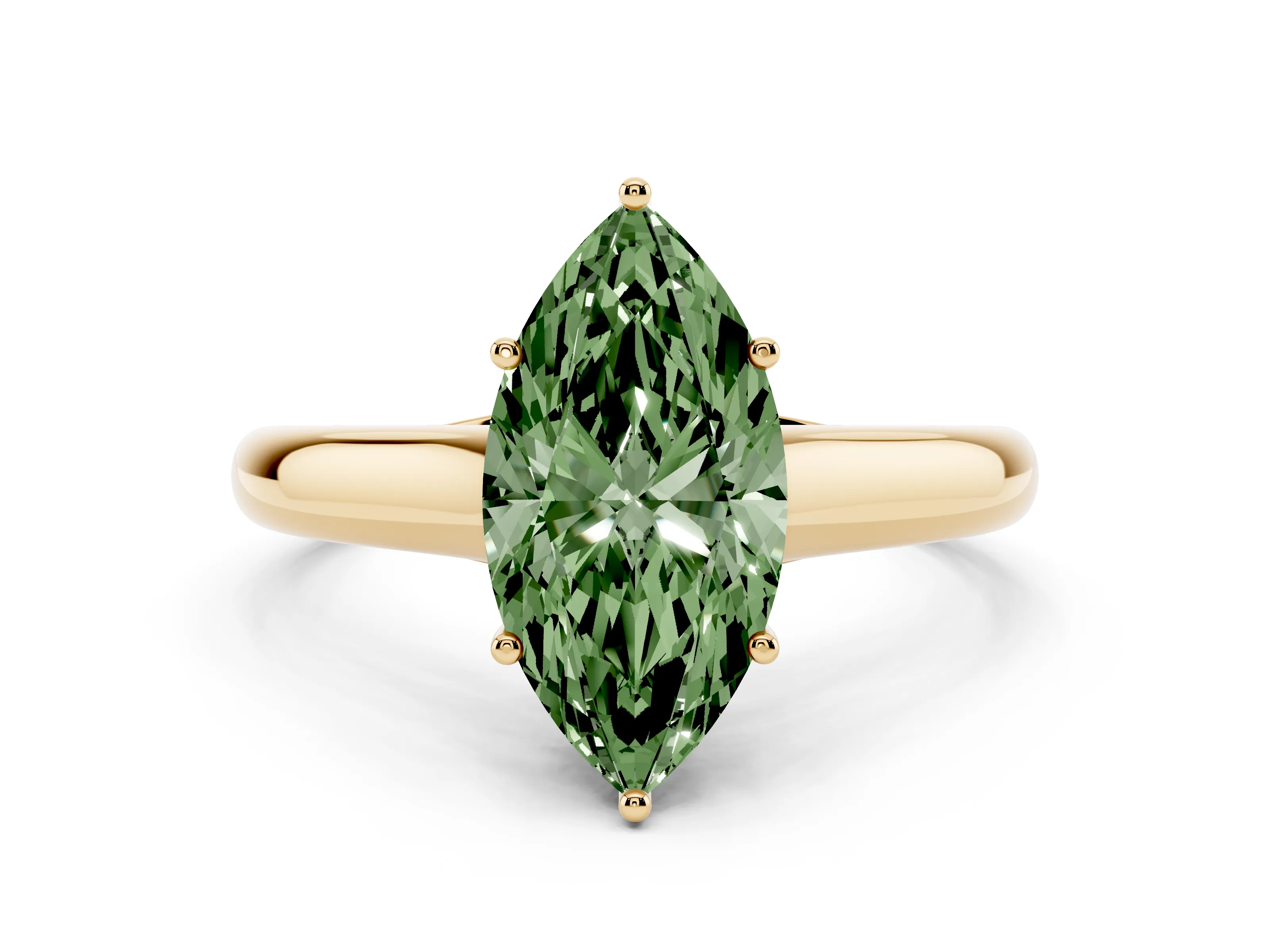 Fancy Green Marquise Cut Diamond Solitaire Engagement Ring Set in Yellow gold with Subtly Tapered Band and Prong Setting