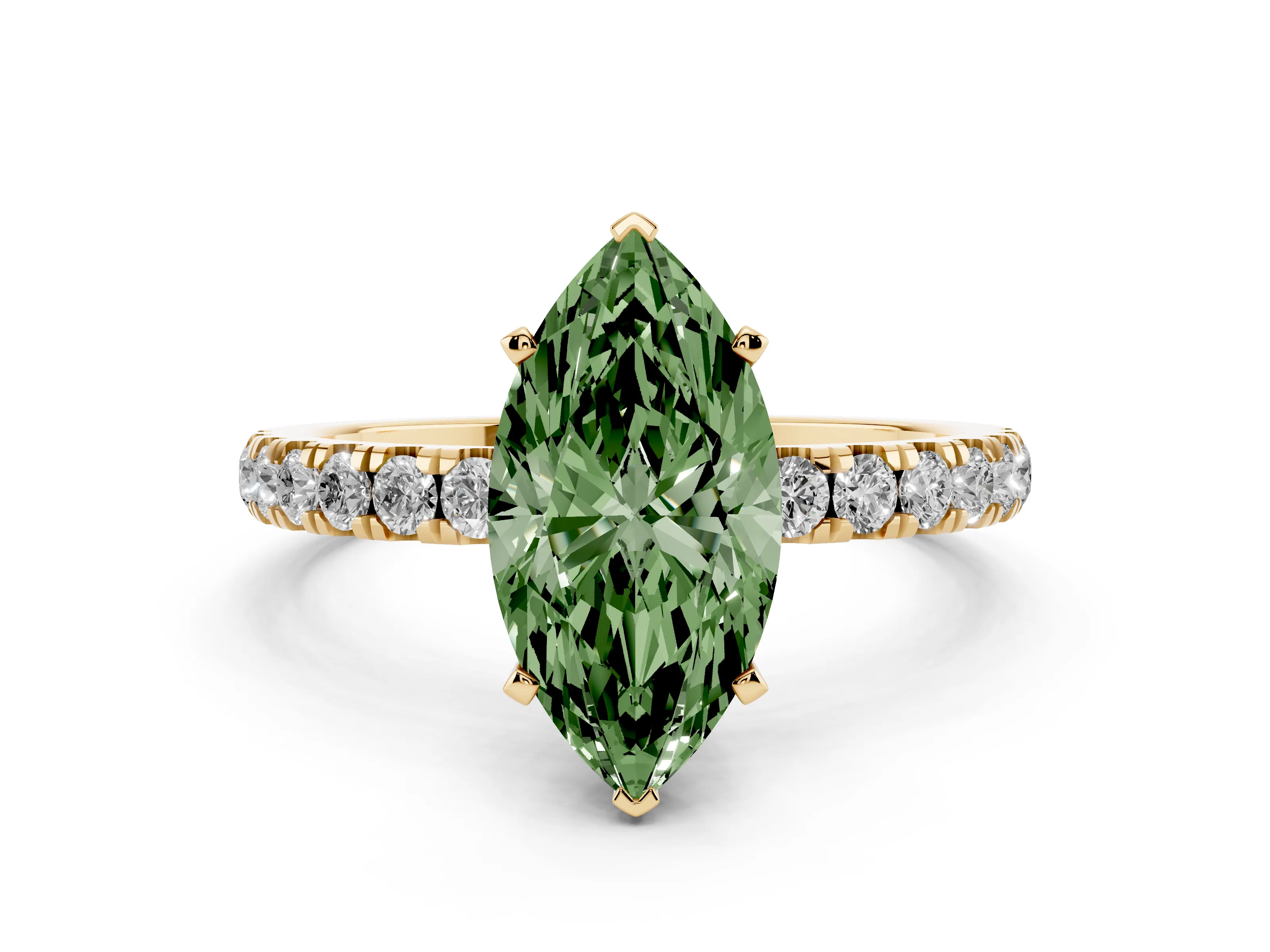 Fancy Green Marquise Cut Diamond Solitaire Ring Set in Yellow gold with Pavé Accents and Prong Setting
