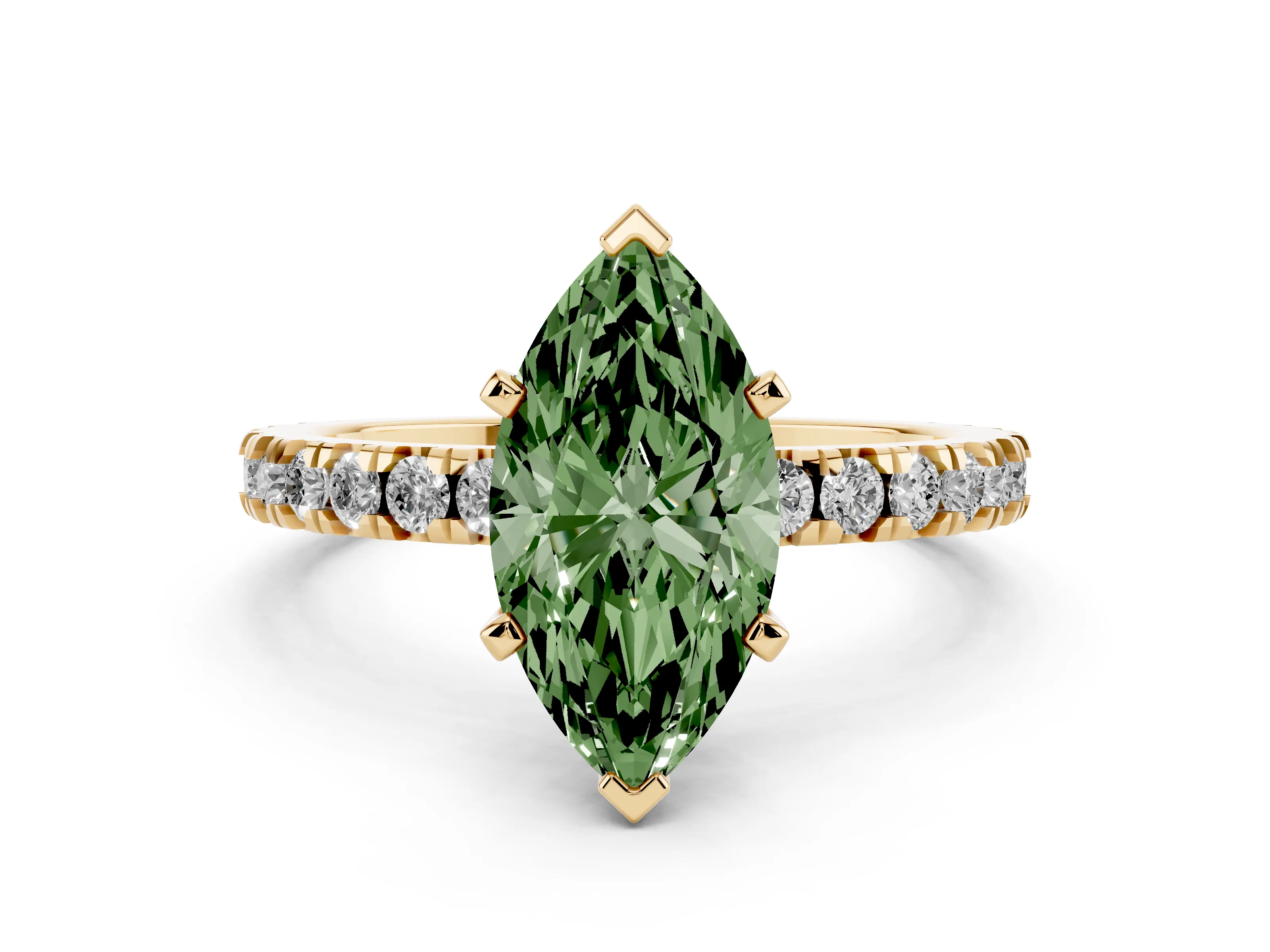 Fancy Green Marquise Cut Diamond Pavé Band Solitaire Set in Yellow gold with Prong Setting