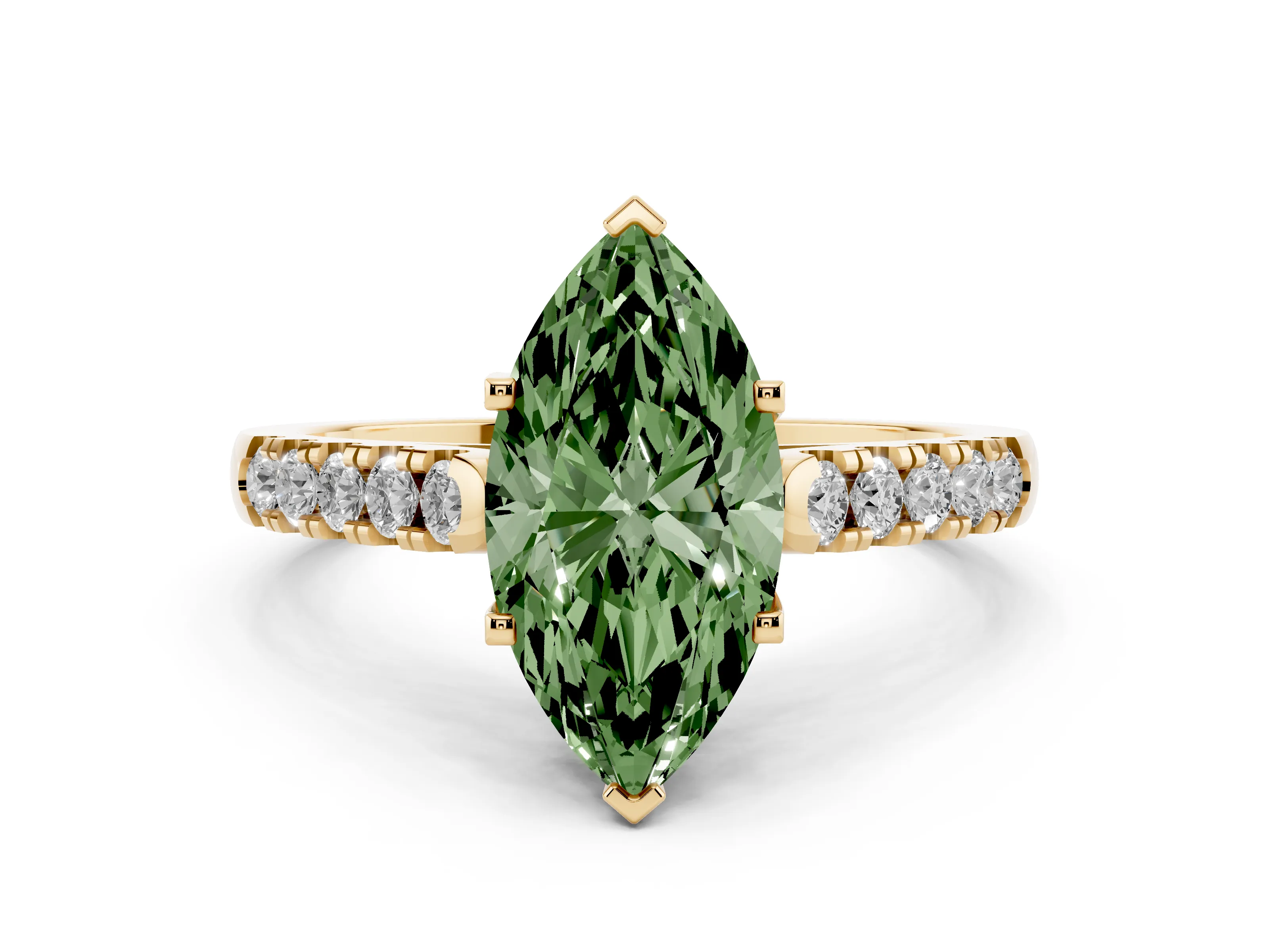 Fancy Green Marquise Cut Diamond Pavé Band Solitaire Ring Set in Yellow gold with Partway Accent Stones and Prong Setting