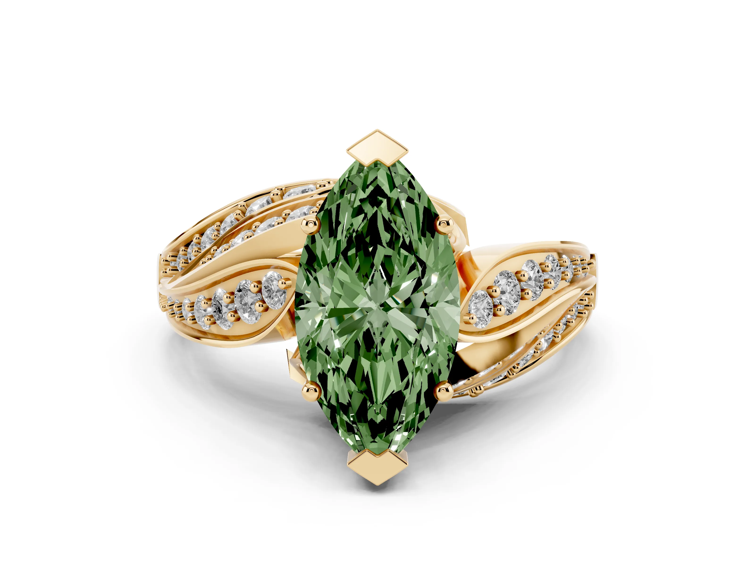 Fancy Green Marquise Cut Diamond Solitaire Ring Set in Yellow gold with Layered Twist Pavé Band
