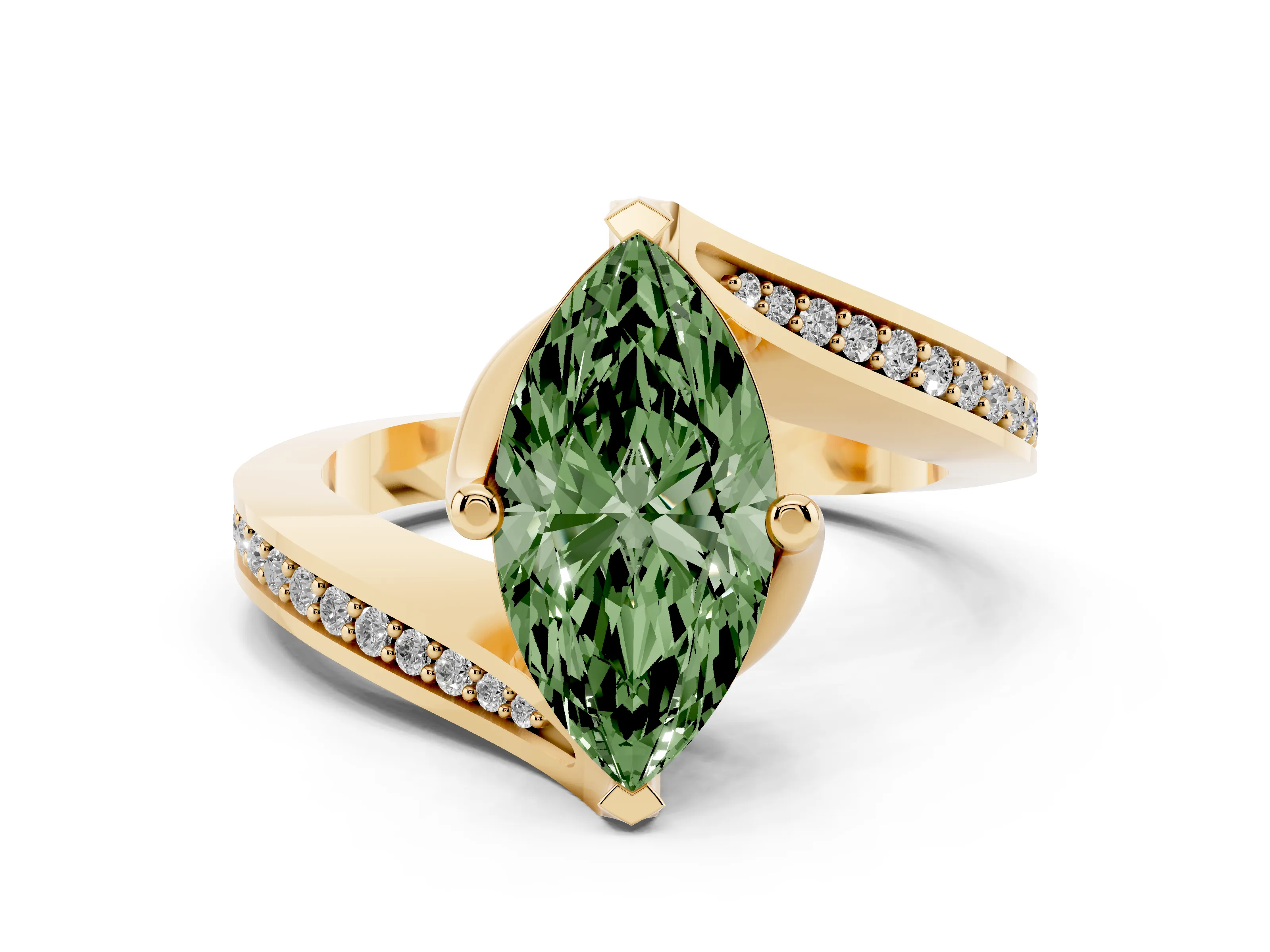 Fancy Green Marquise Cut Diamond Solitaire Ring Set in Yellow gold with Intertwined Pavé Twist Band