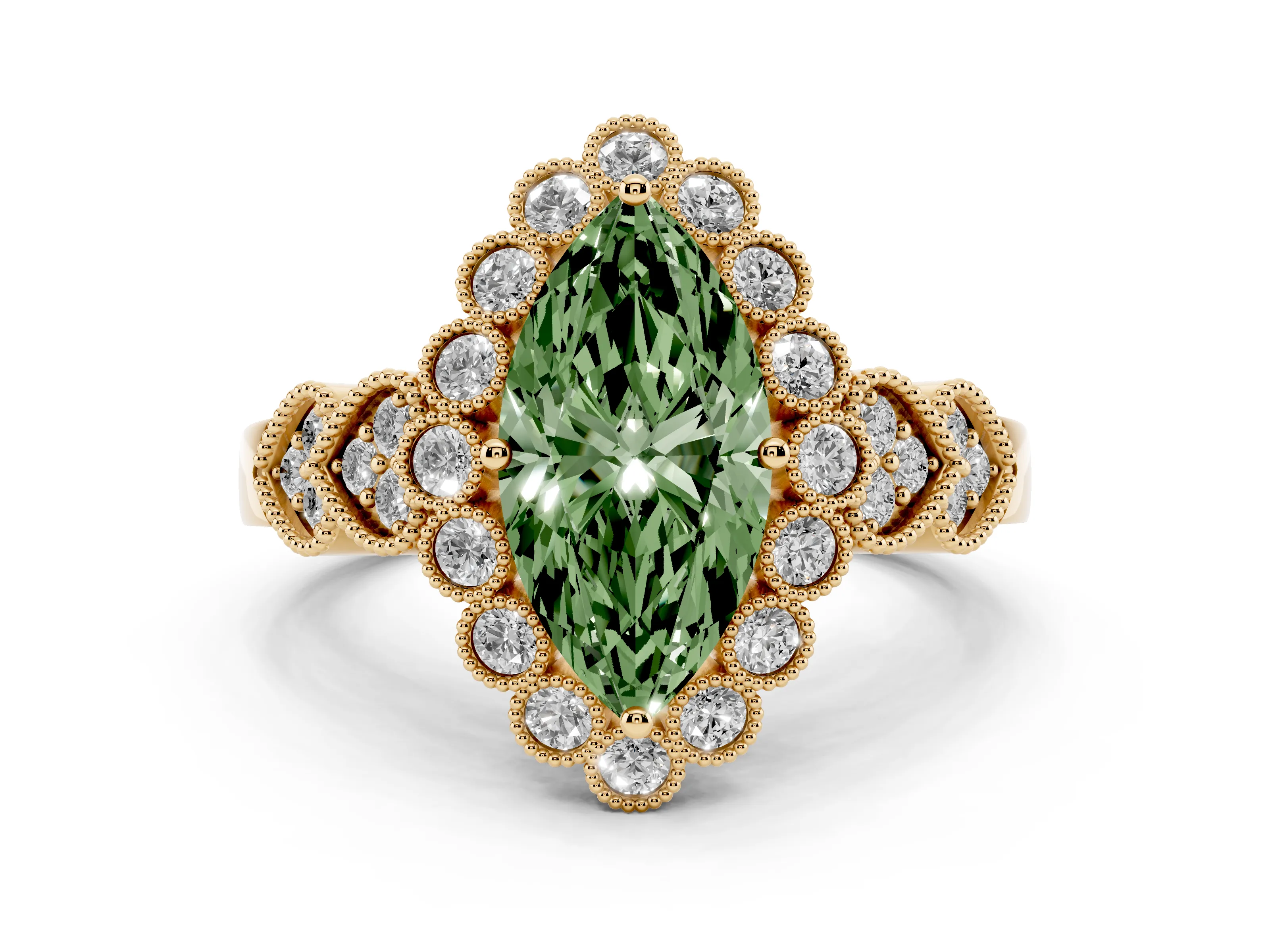 Fancy Green Marquise Cut Diamond Solitaire Ring Set in Yellow gold with Milgrain Pavé Heart Band
