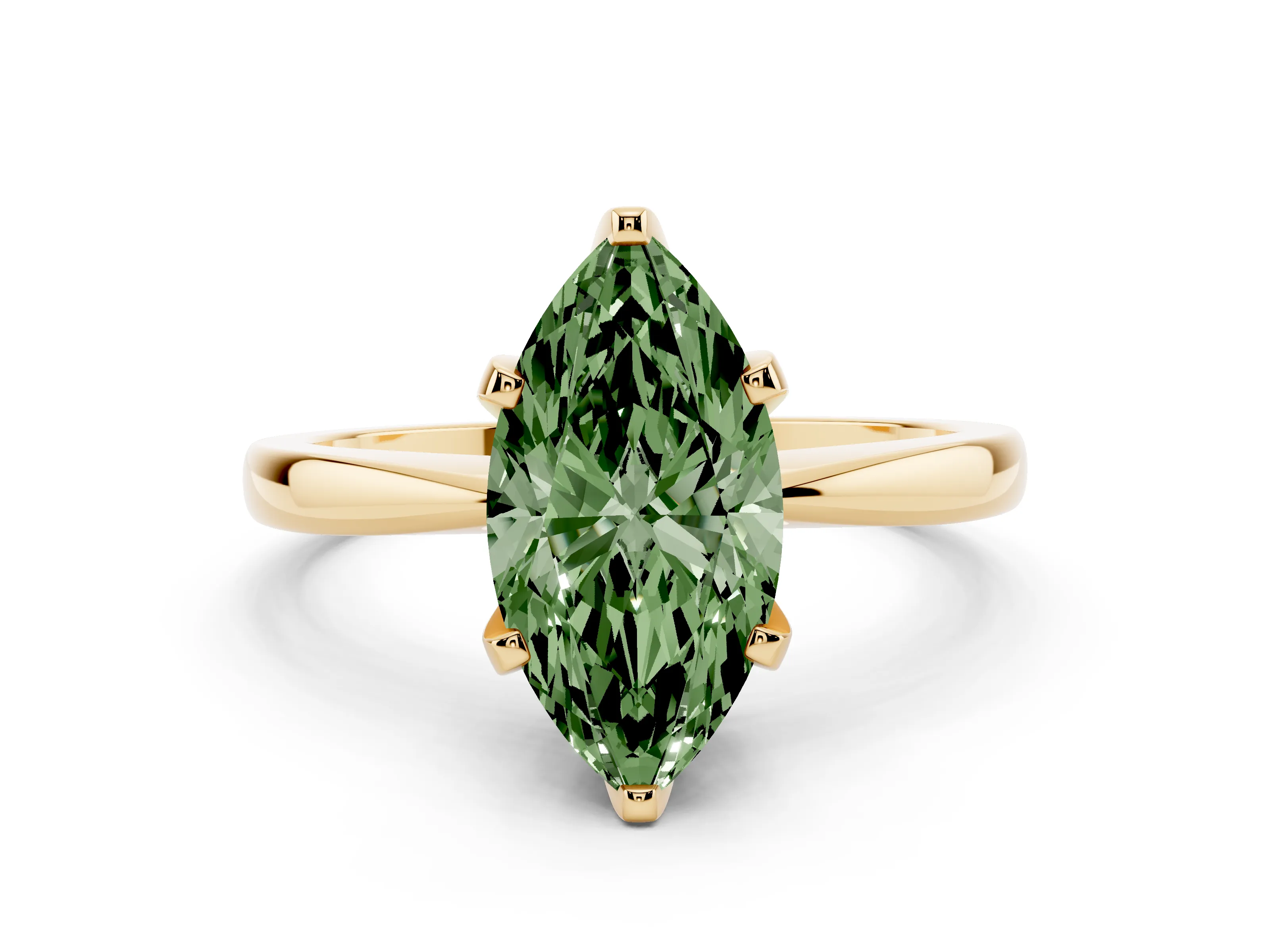 Fancy Green Marquise Cut Diamond Solitaire Engagement Ring Set in Yellow gold with Slim Tapered Solitaire Band
