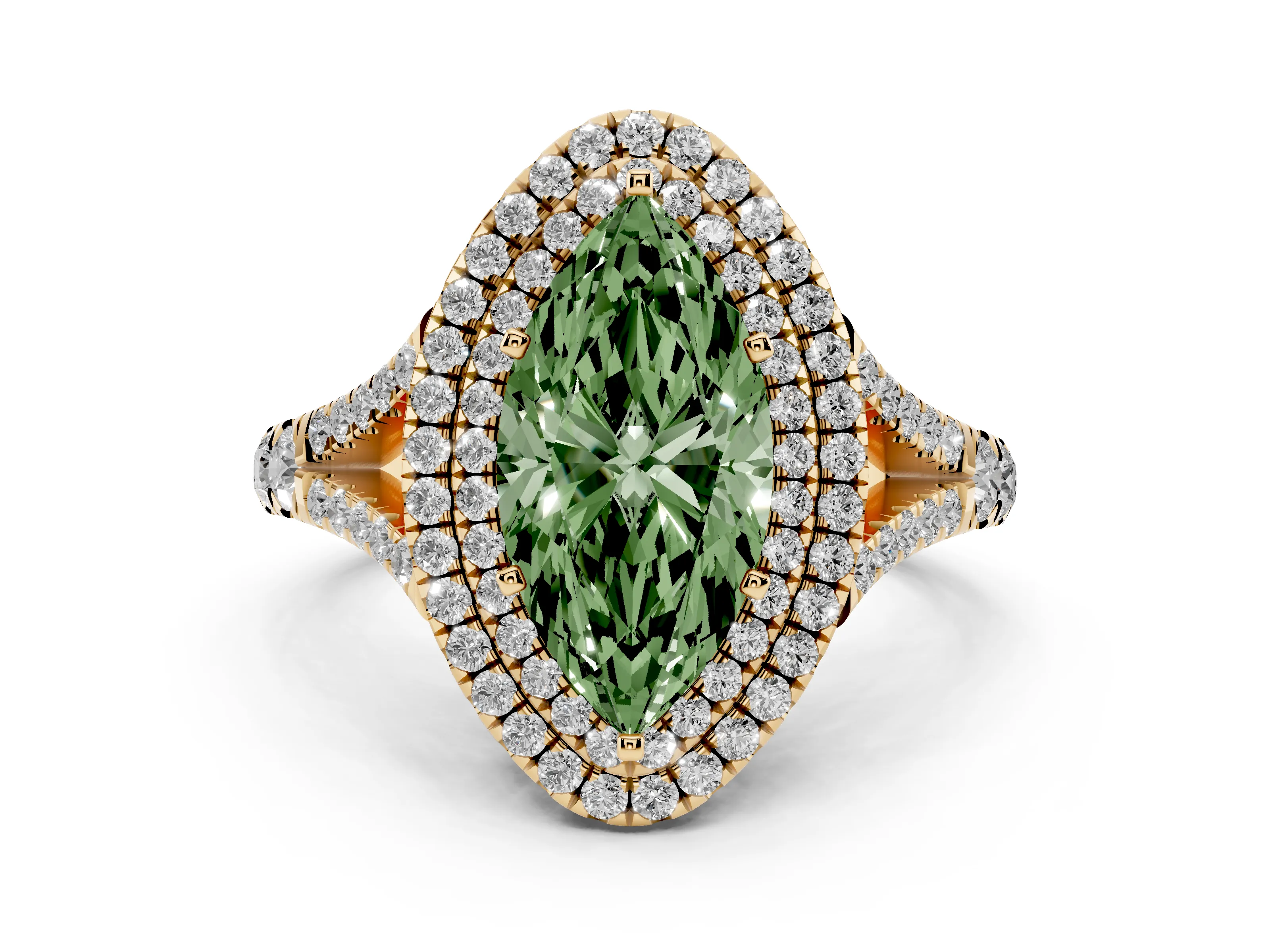 Fancy Green Marquise Cut Diamond Pavé Split Shank Double Halo Engagement Ring Set in Yellow gold