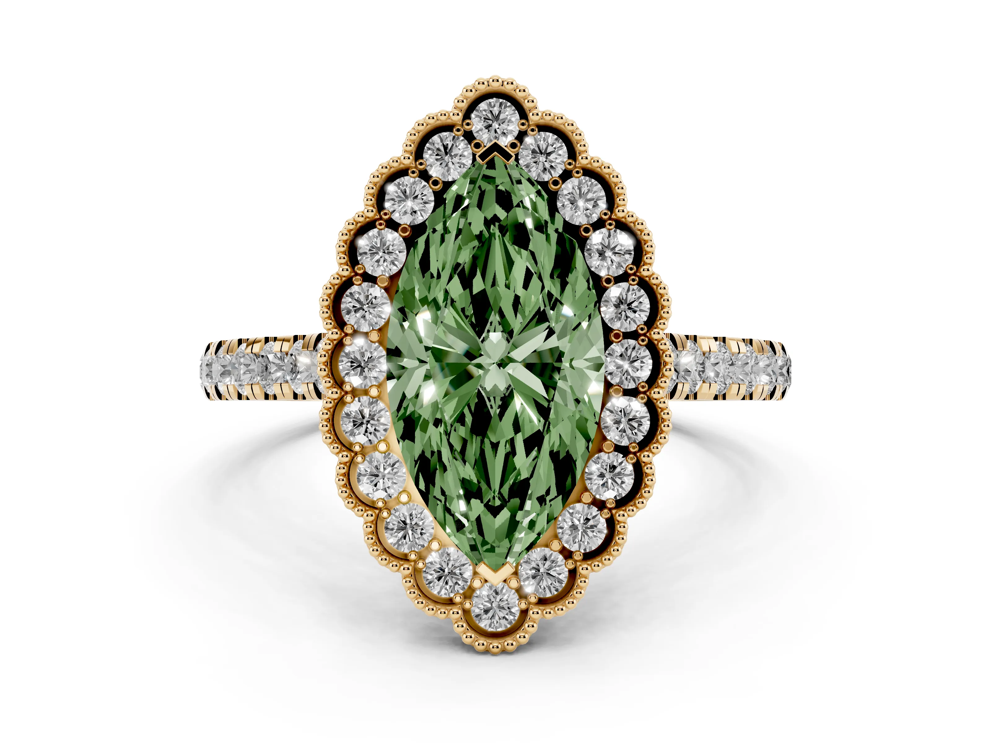 Fancy Green Marquise Cut Diamond Milgrain Floral Halo Engagement Ring Set in Yellow gold with Pavé Band