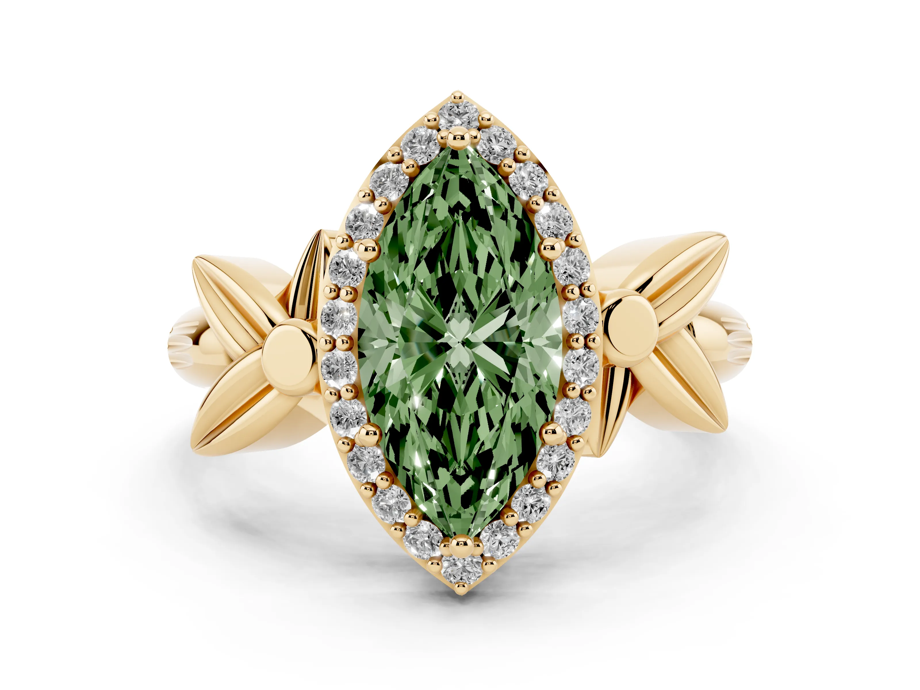 Fancy Green Marquise Cut Diamond Halo Floral Band Ring Set in Yellow gold with Prong Setting