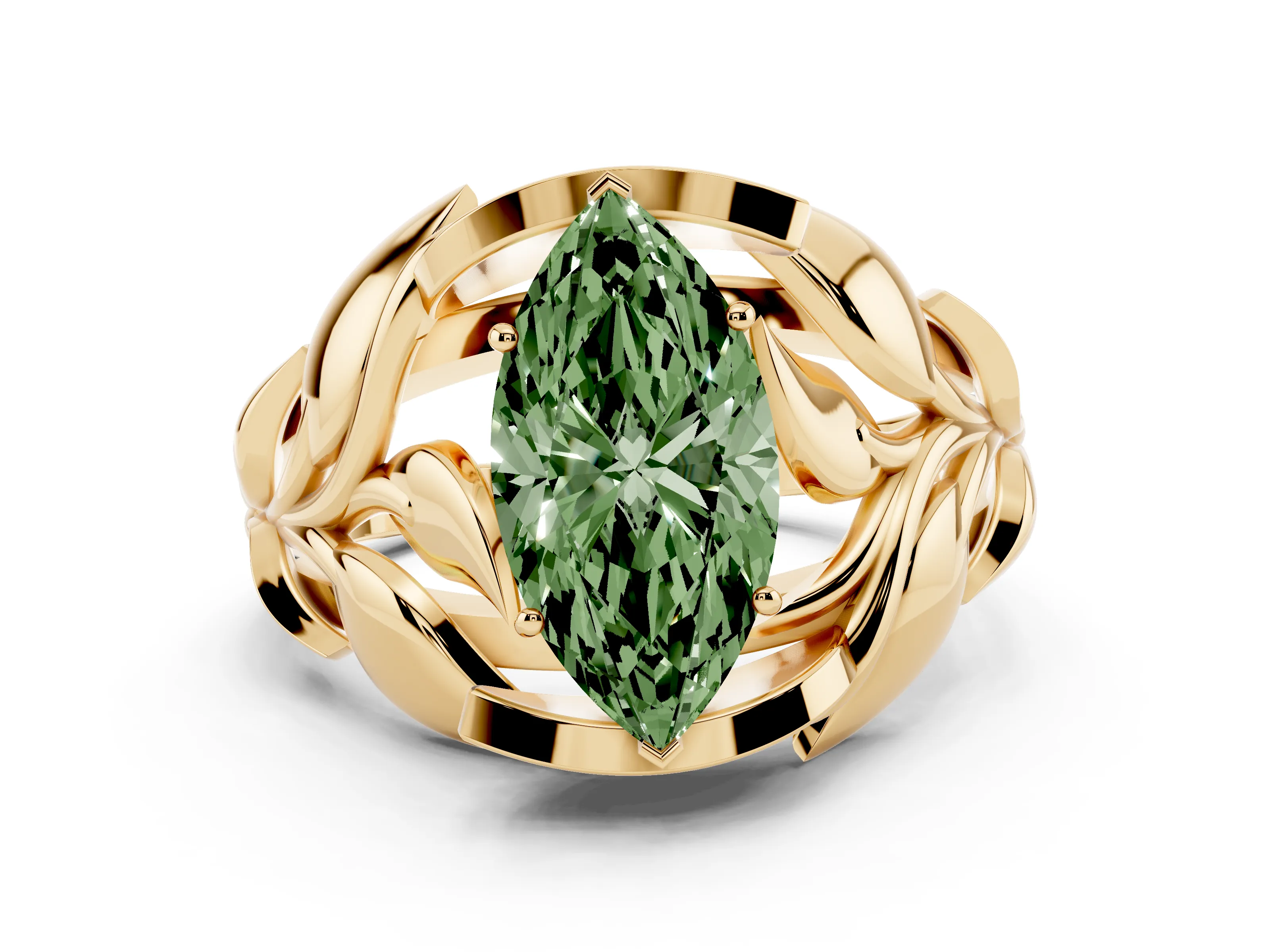Fancy Green Marquise Cut Diamond Leaf-Inspired Engagement Ring Set in Yellow gold with Round Accents